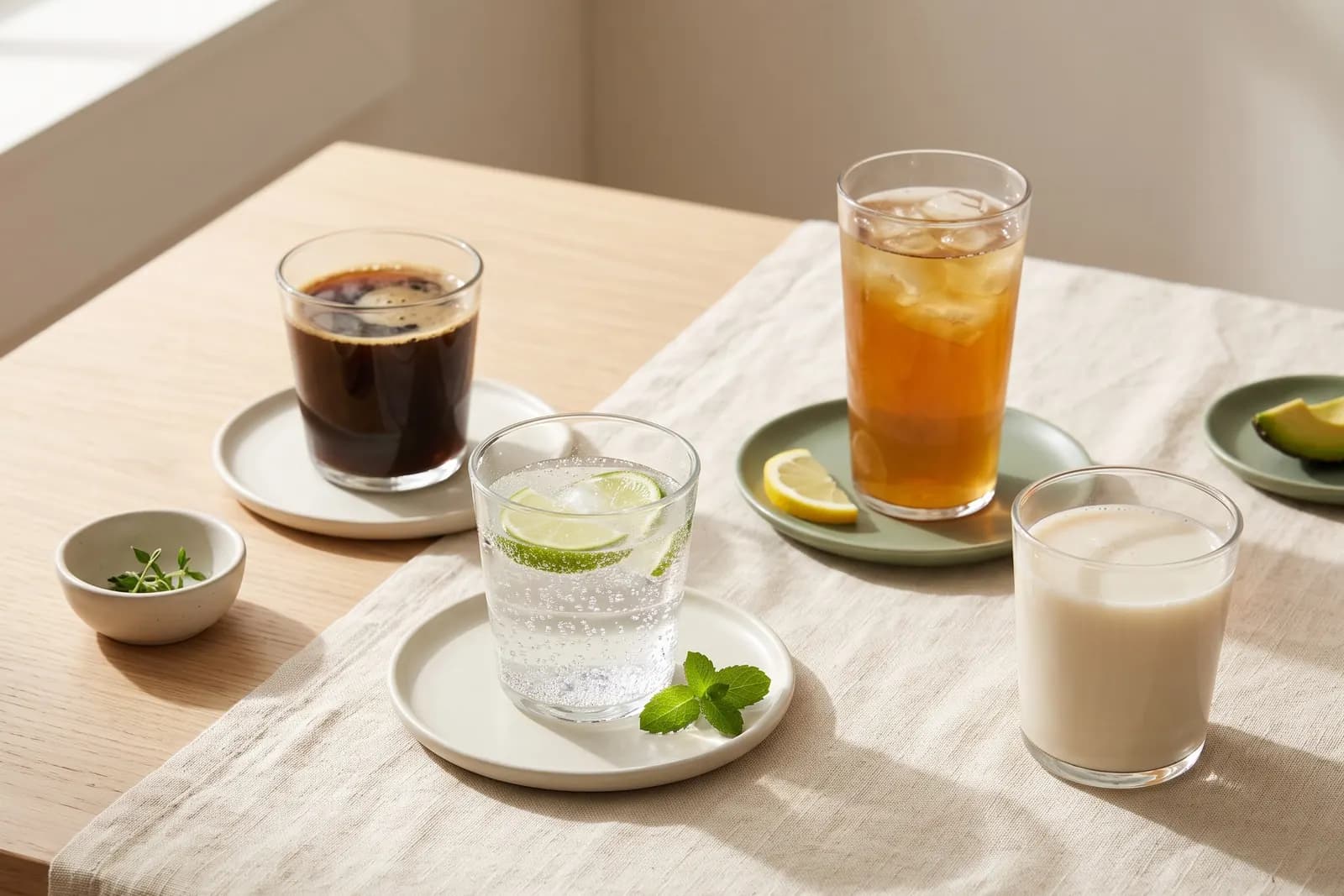 Black coffee, sparkling water with lime, iced tea and almond milk