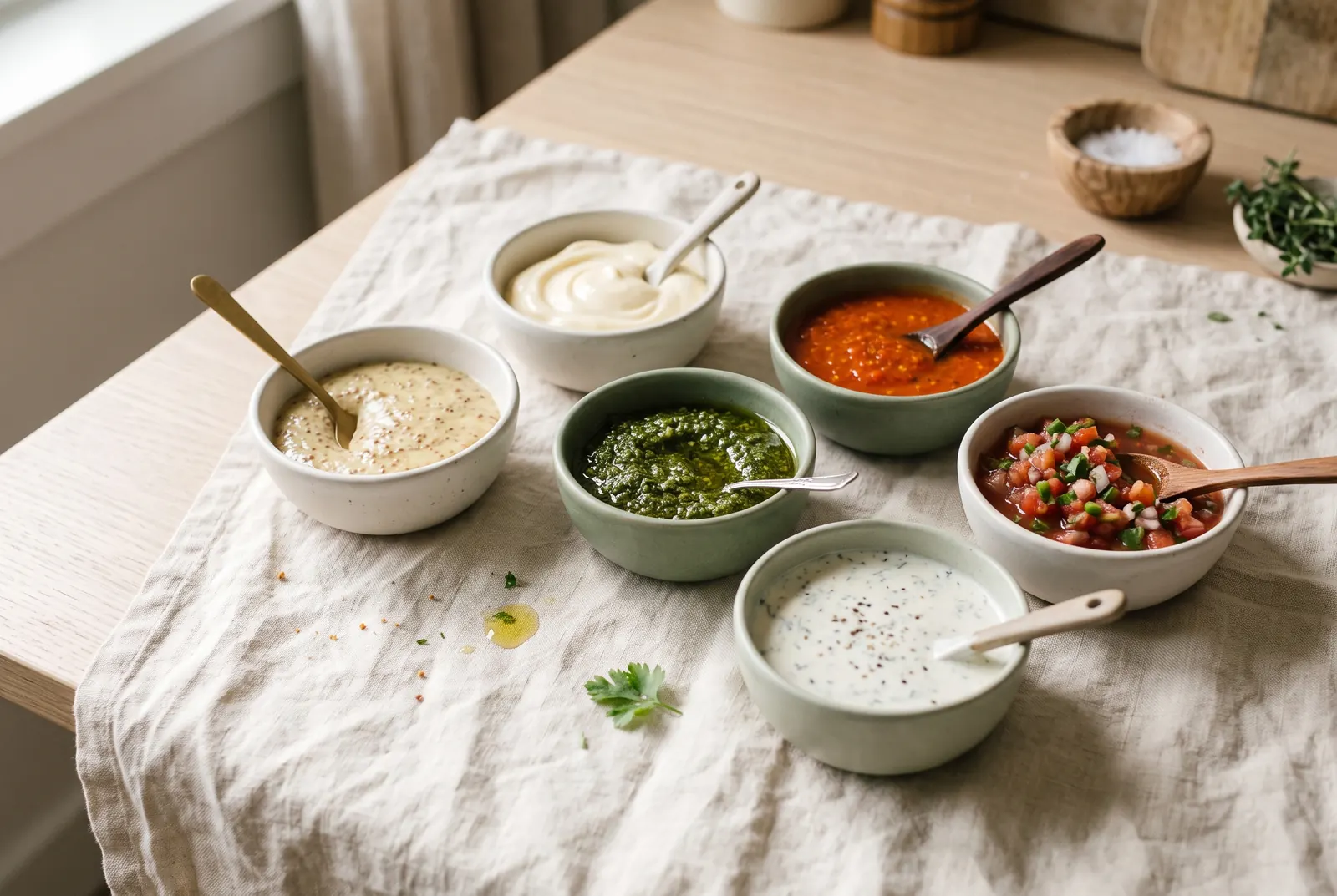 Bowls of mustard, mayonnaise, hot sauce, pesto, salsa and ranch