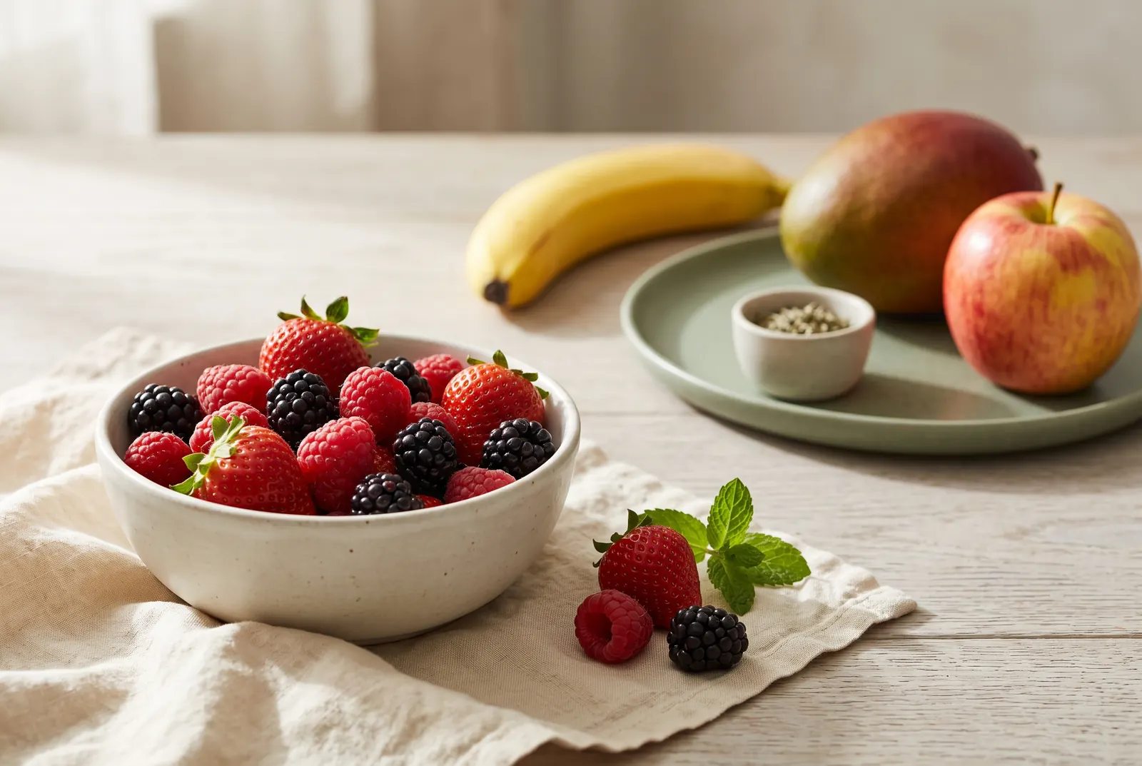 Strawberries, raspberries and blackberries in front of a banana, mango and apple