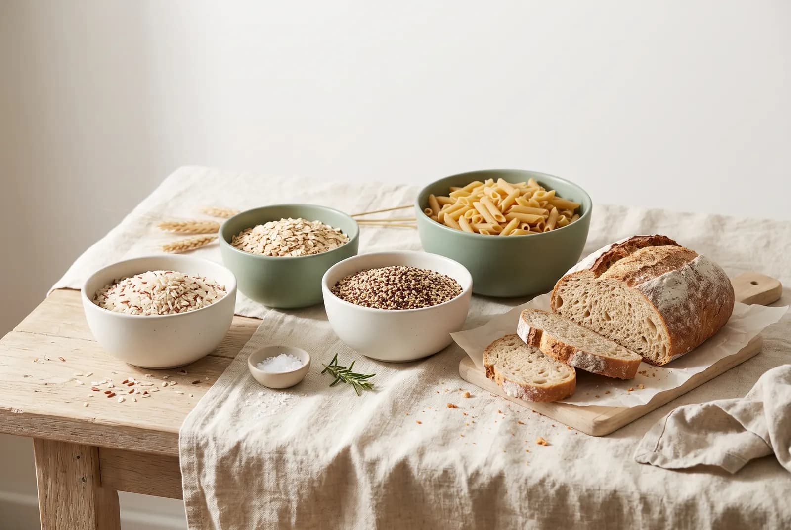 Bowls of rice, oats, quinoa and pasta with a loaf of bread