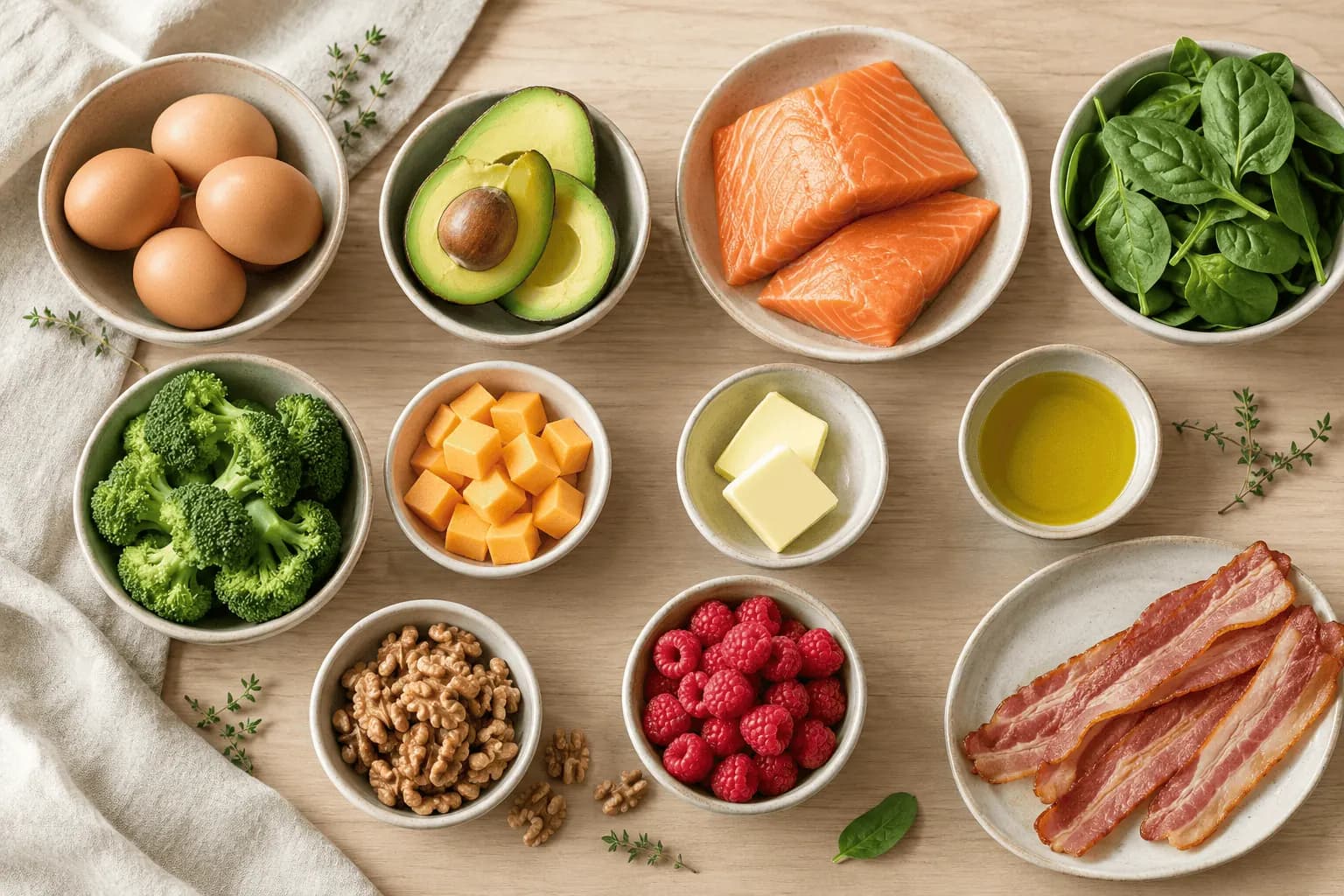 Bowls of whole keto foods: eggs, avocado, salmon, spinach, broccoli, cheddar, butter, olive oil, walnuts, raspberries and bacon