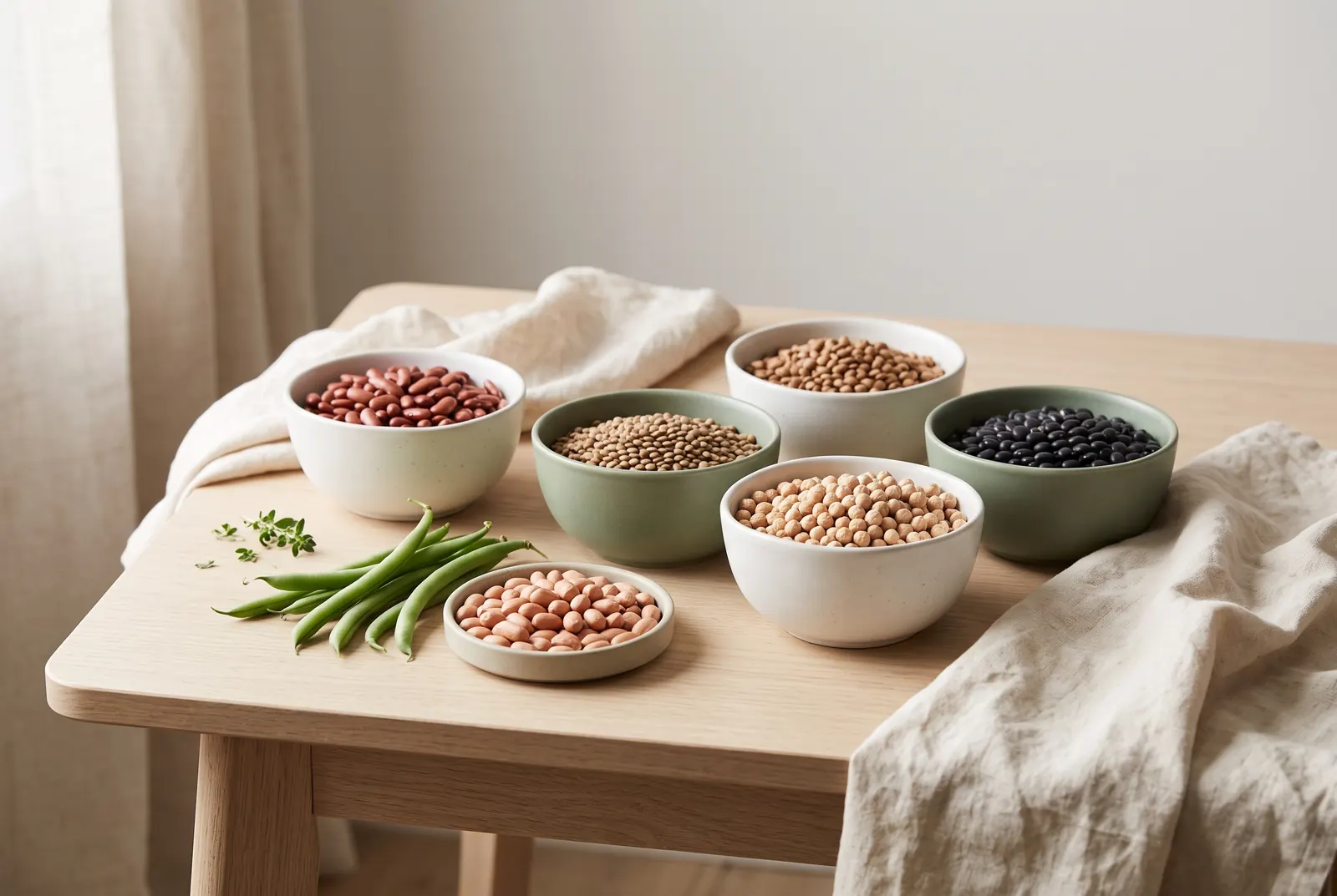 Bowls of lentils, chickpeas, black beans and kidney beans with green beans and peanuts