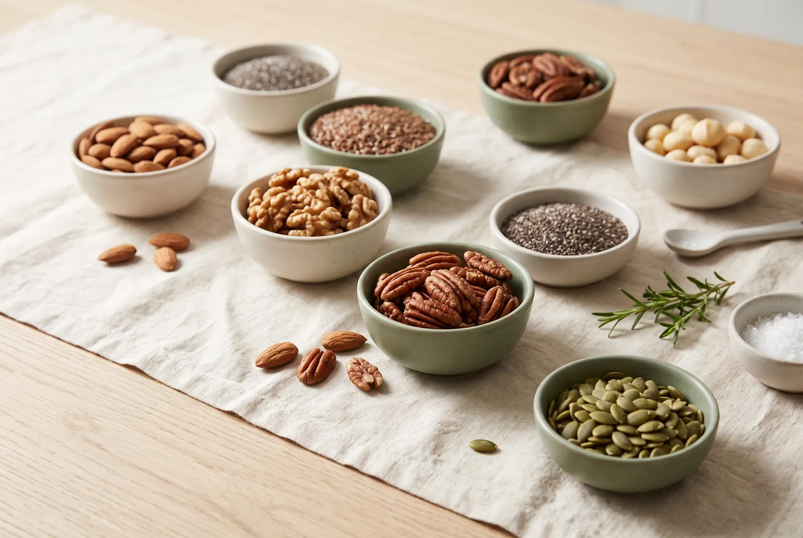 Bowls of almonds, walnuts, pecans, macadamias, chia, flax and pumpkin seeds
