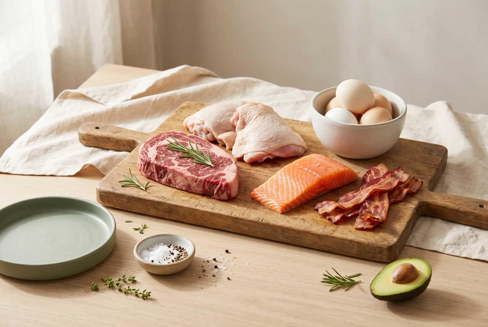 A board of steak, chicken thighs, salmon, bacon and eggs