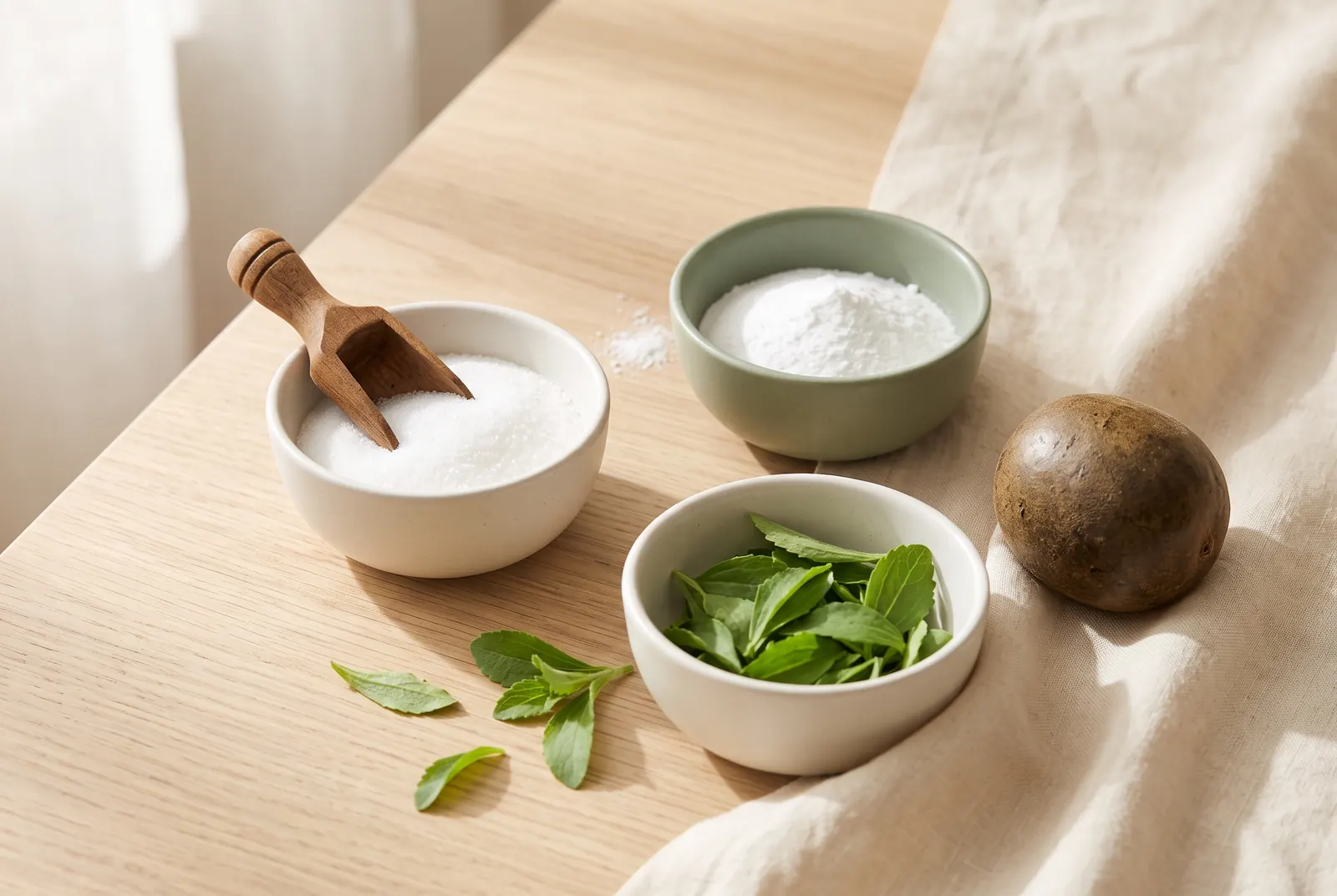 Bowls of granulated and powdered sweetener with stevia leaves and monk fruit