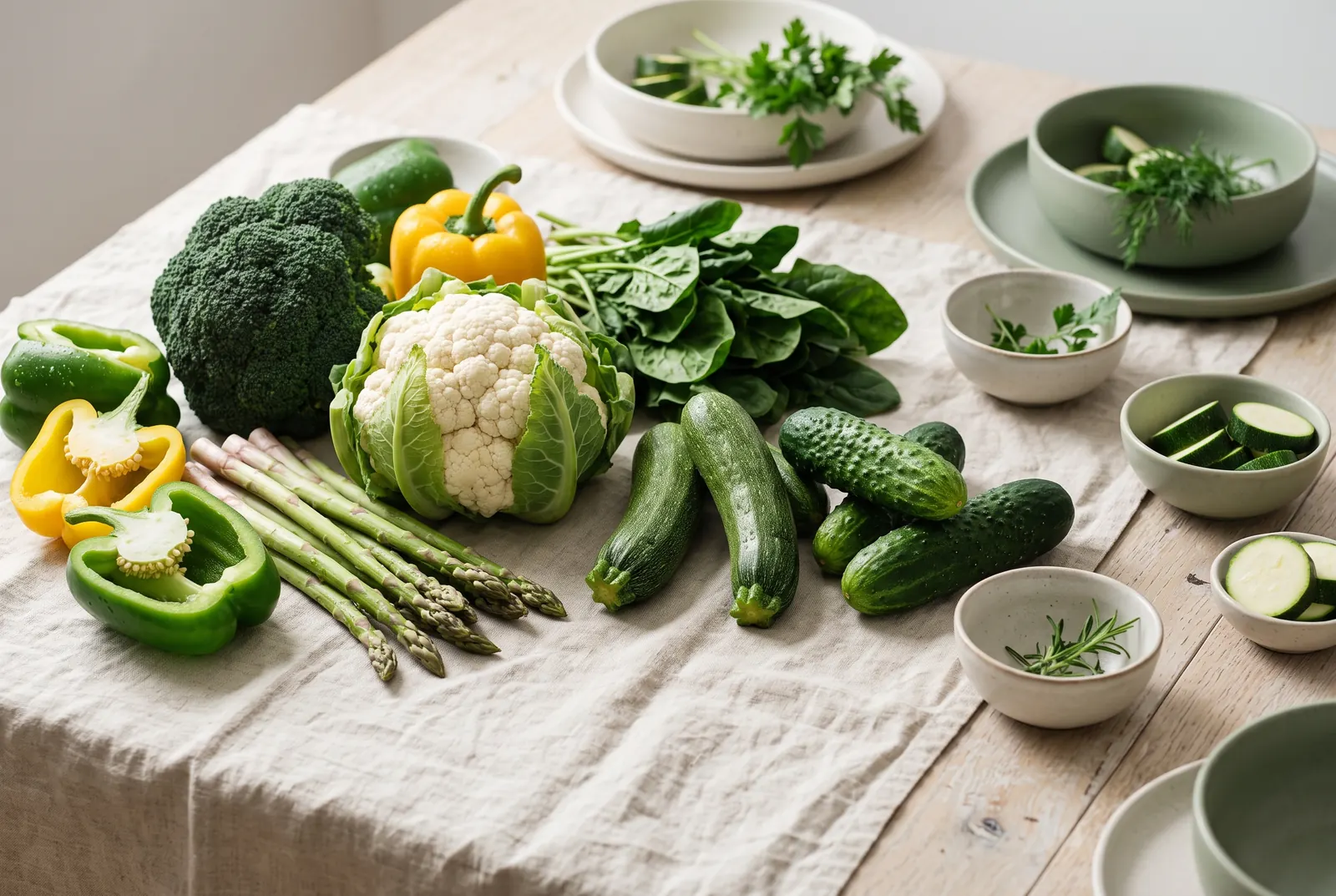 Broccoli, cauliflower, zucchini, spinach, asparagus, bell peppers and cucumber