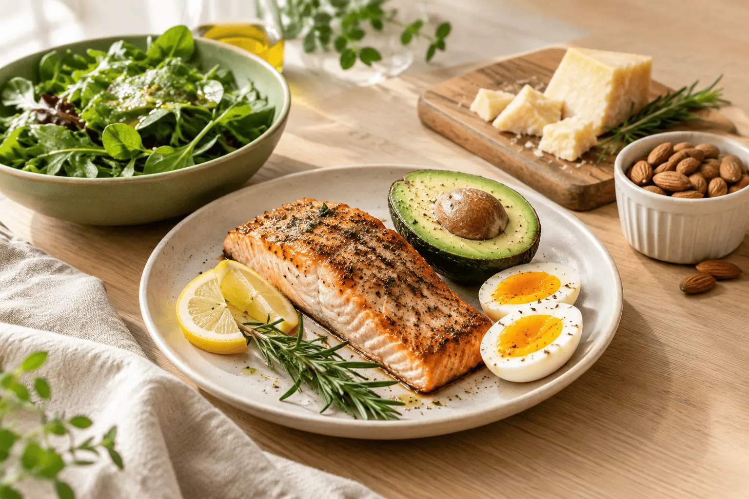 A plate of seared salmon with lemon and rosemary, half an avocado and soft-boiled eggs, beside a green salad, parmesan and almonds