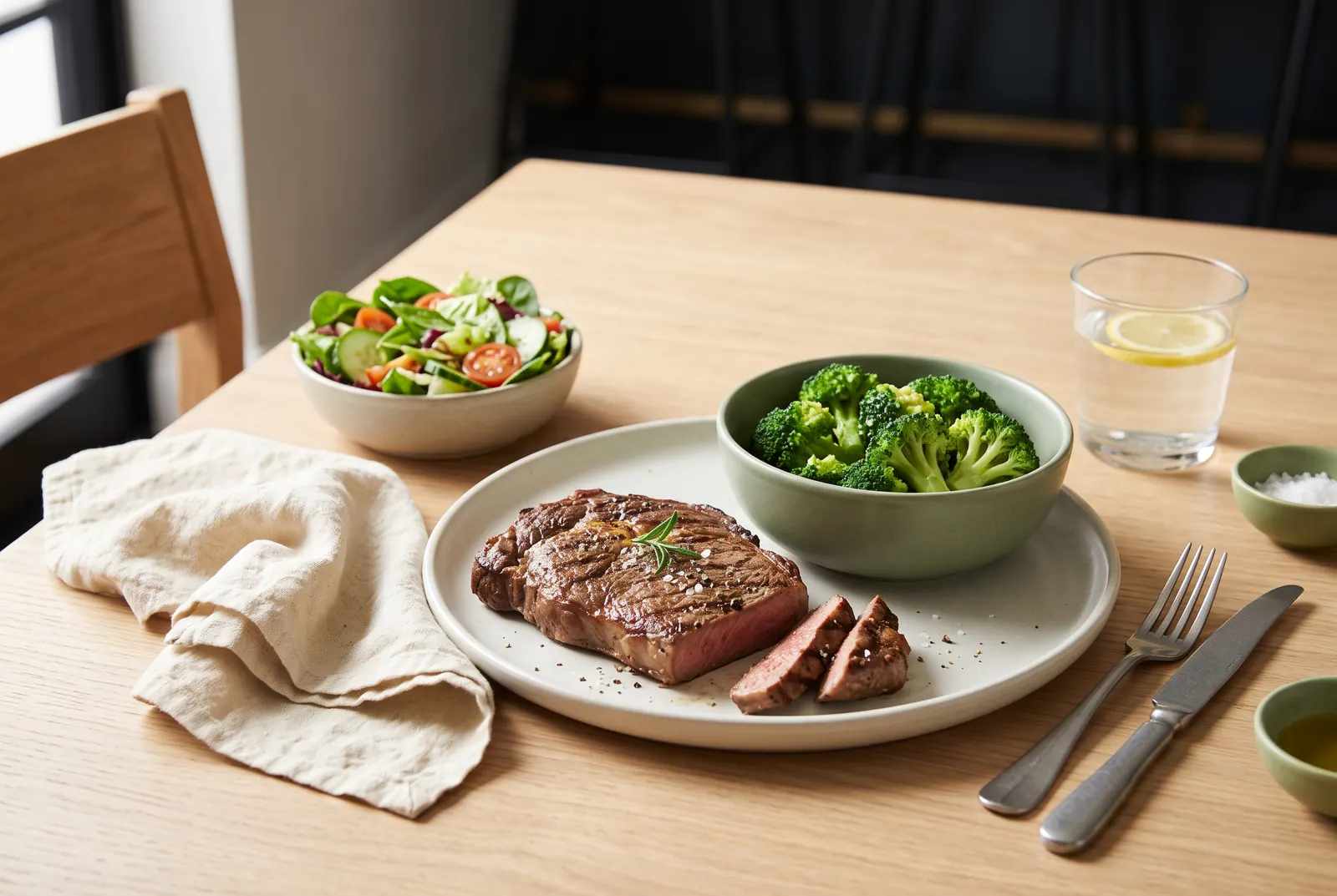 A grilled sirloin steak with steamed broccoli and a garden salad