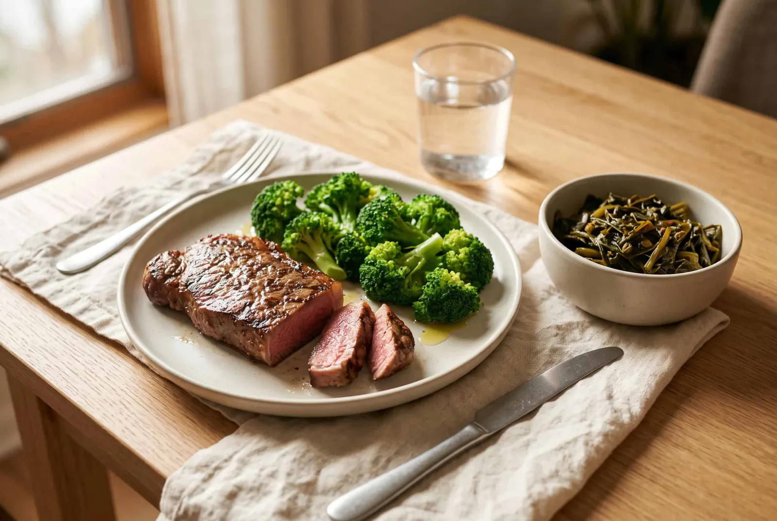 A grilled strip steak with steamed broccoli and a small bowl of cooked turnip greens