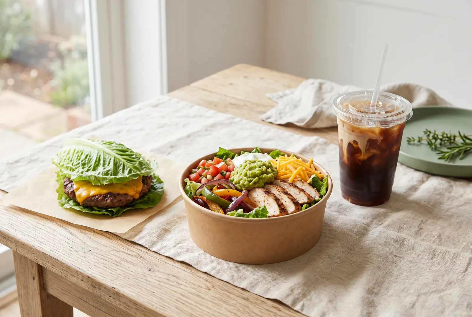 Keto takeout: a lettuce-wrapped cheeseburger, a burrito bowl of chicken, fajita vegetables, guacamole, salsa, sour cream and cheddar, and an iced coffee with cream