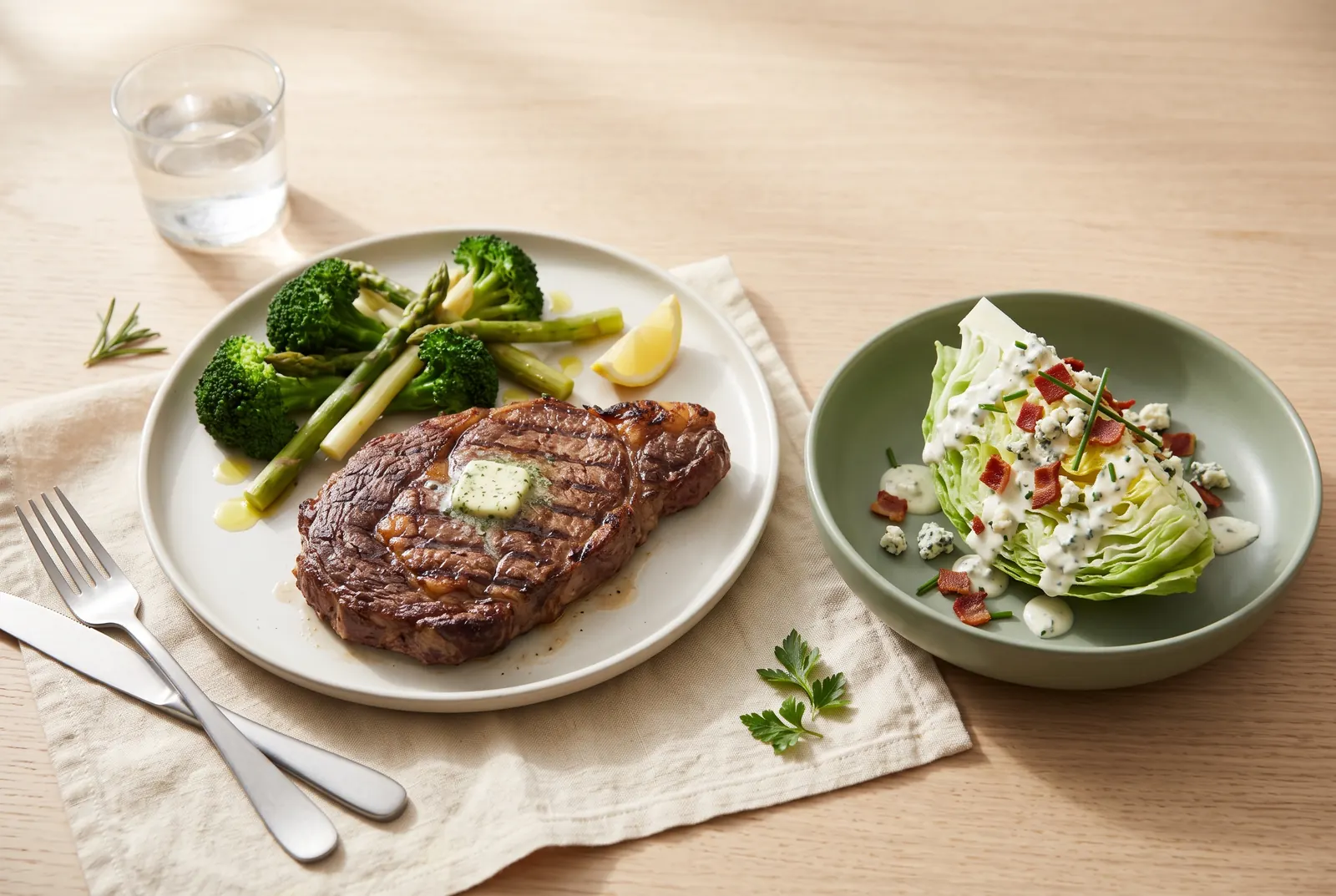 A grilled ribeye steak with steamed vegetables and a wedge salad