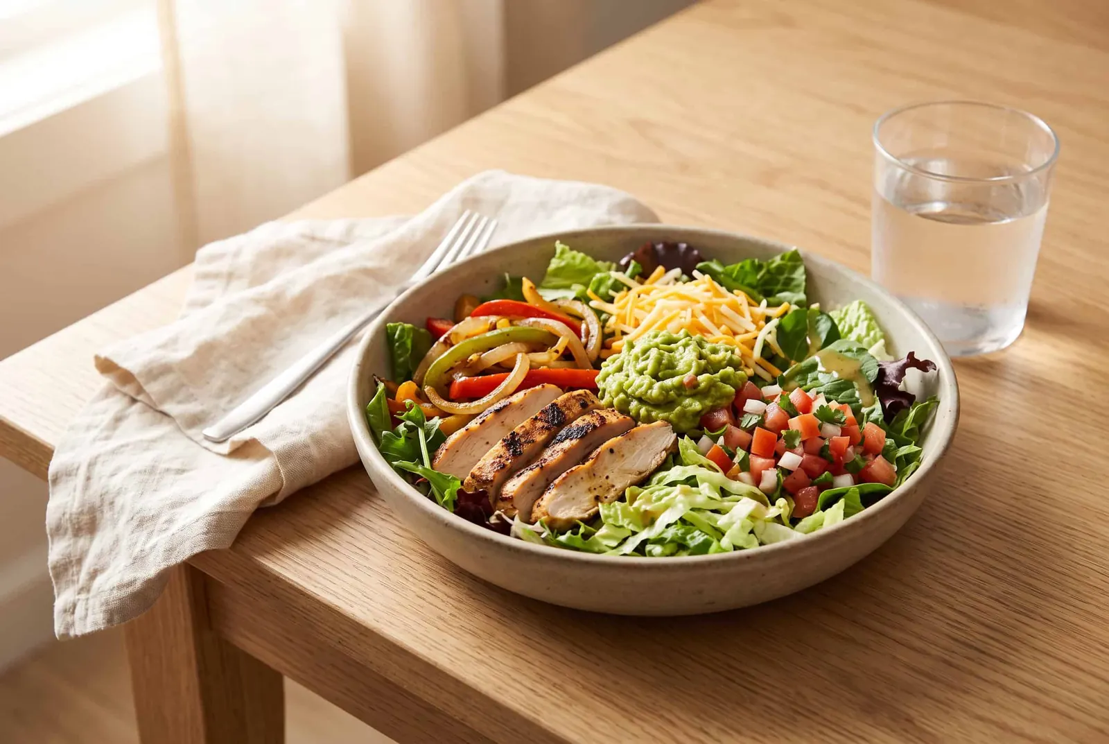 A salad bowl with grilled chicken, fajita vegetables, shredded cheese, guacamole and pico de gallo, no rice or beans