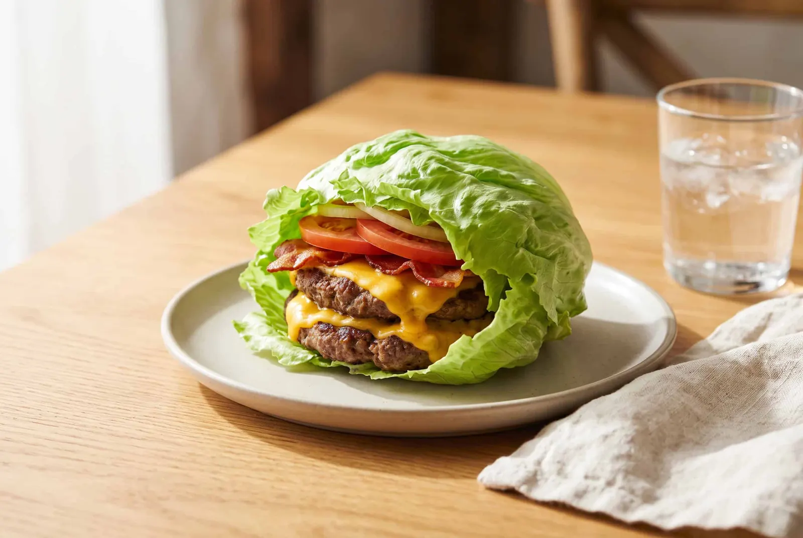 A double cheeseburger wrapped in lettuce leaves instead of a bun