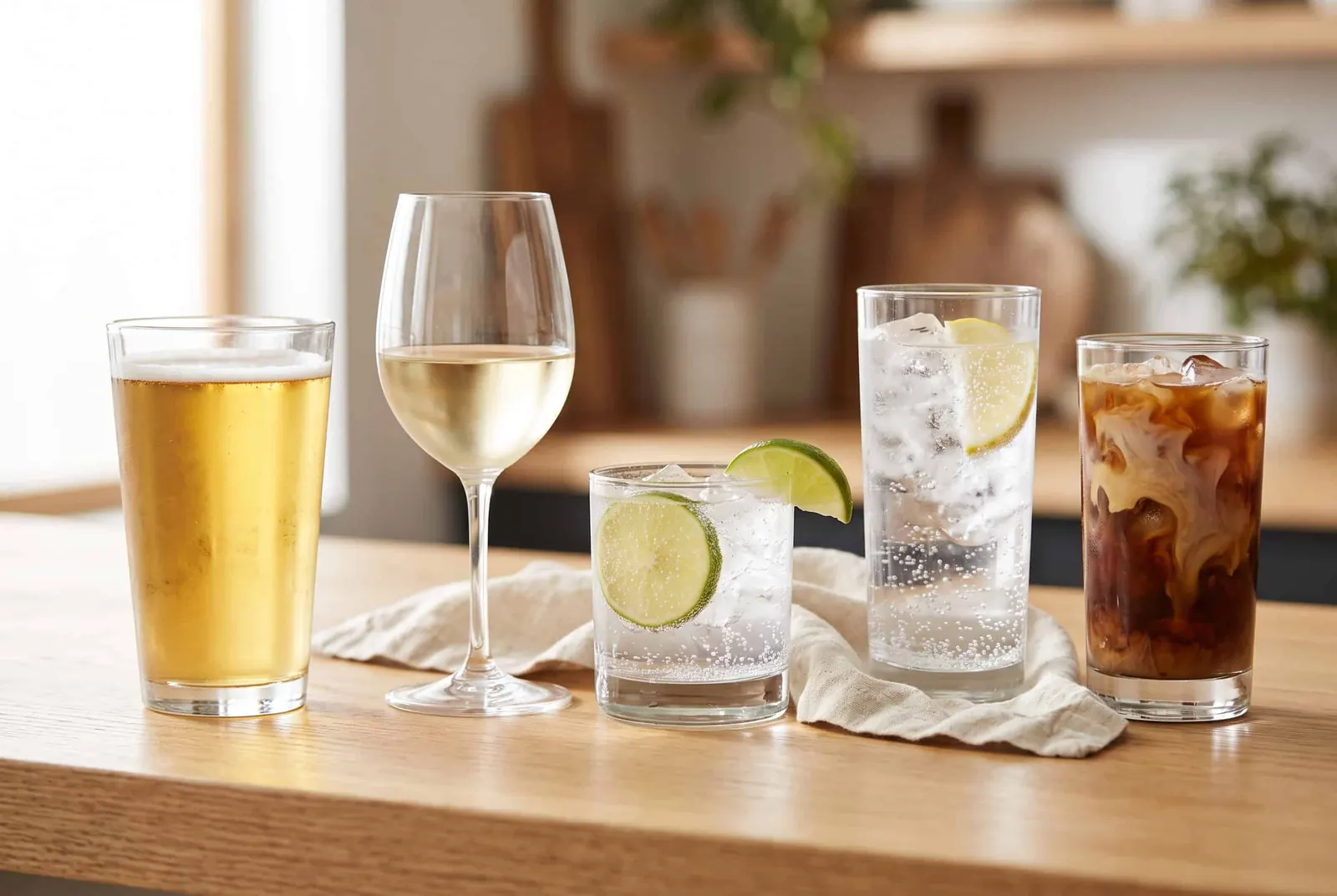 A row of low-carb drinks on a bar top: a light beer, a glass of dry white wine, a vodka soda with lime, a sparkling water and an iced coffee with cream