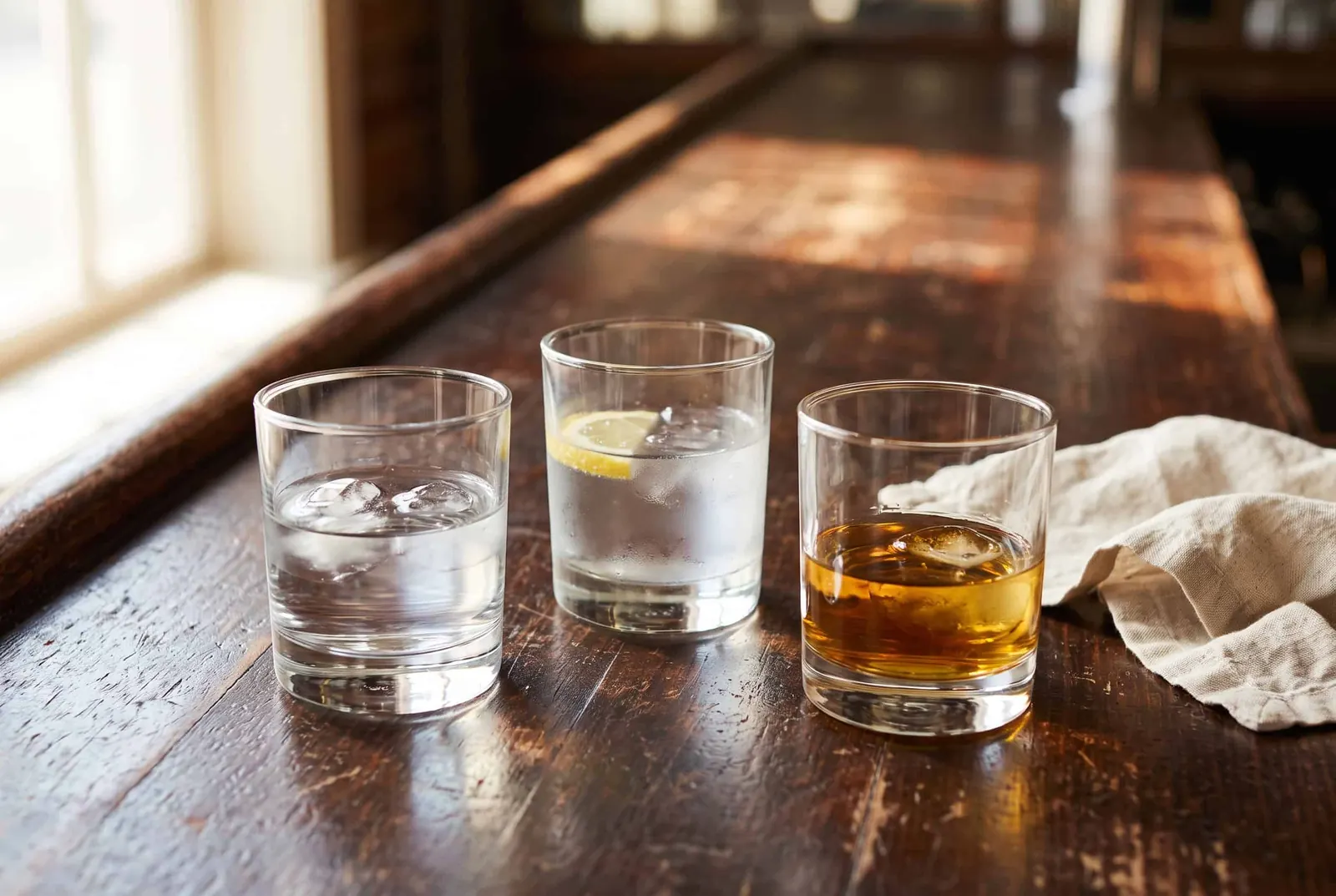 Short glasses of clear vodka, gin and amber whiskey on a dark bar