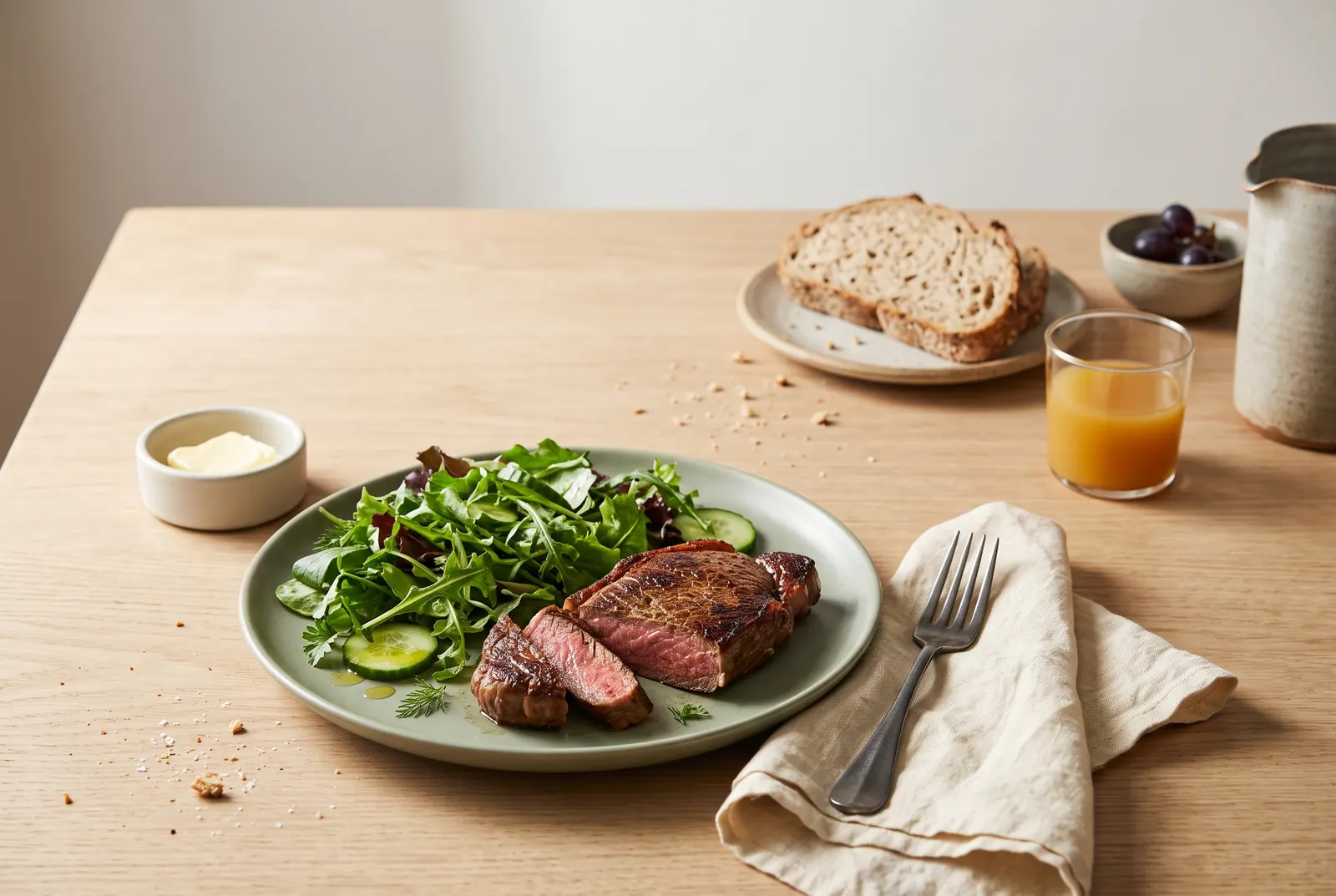 A steak and salad plate in front, with bread, grapes and juice set aside out of focus