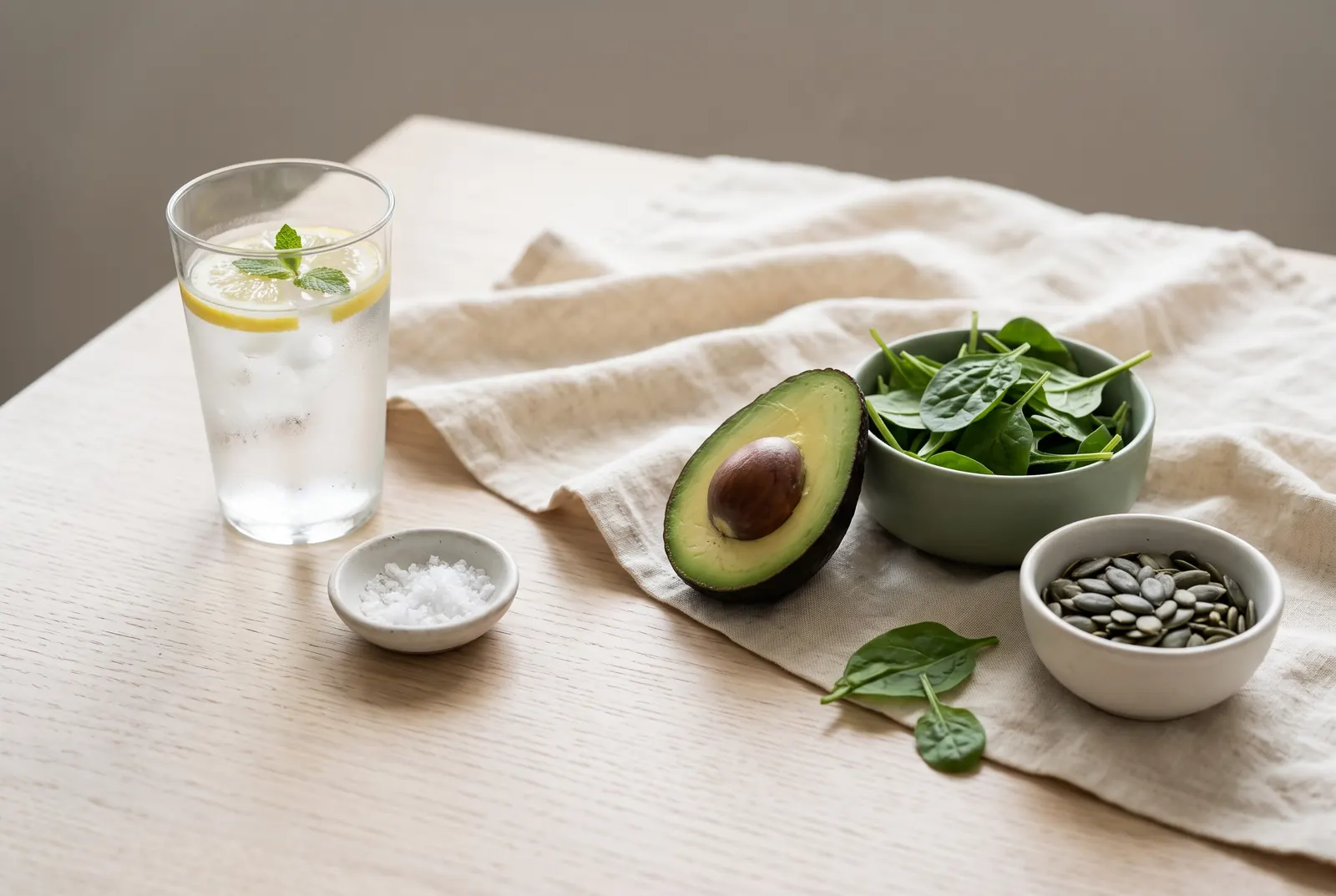 A glass of lemon water beside sea salt, avocado, spinach and pumpkin seeds