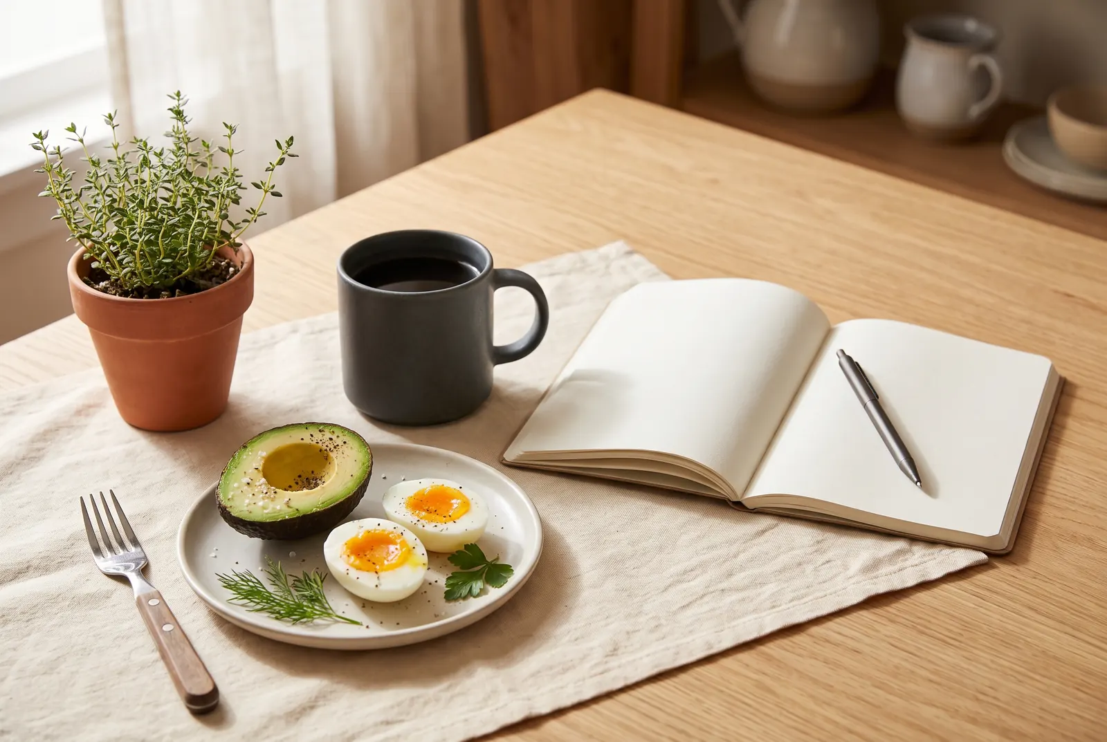 An open notebook and pen beside a mug of black coffee, half an avocado, two soft-boiled eggs and a potted thyme plant