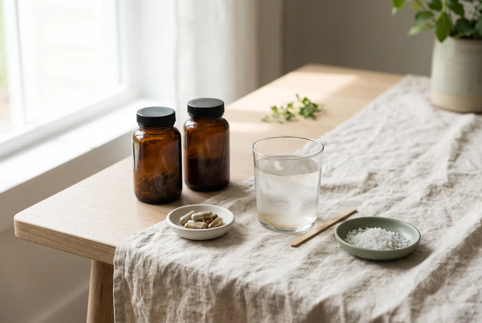 Supplement bottles and capsules beside a glass of water and a dish of sea salt
