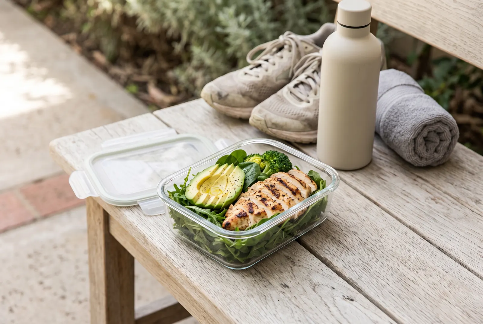 A meal-prep container of chicken and avocado next to running shoes and a water bottle