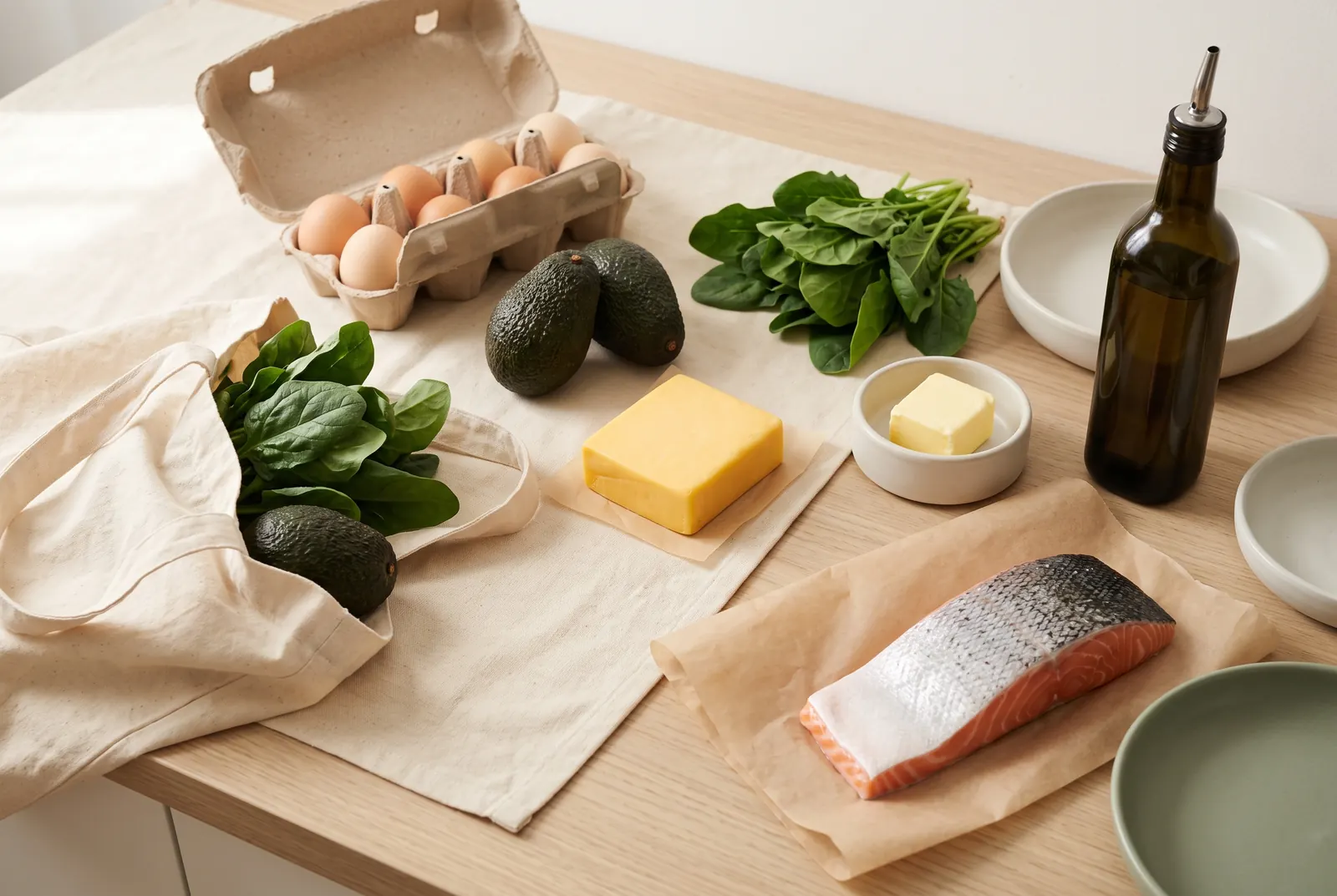 A keto grocery haul of eggs, avocados, spinach, cheddar, butter, salmon and olive oil