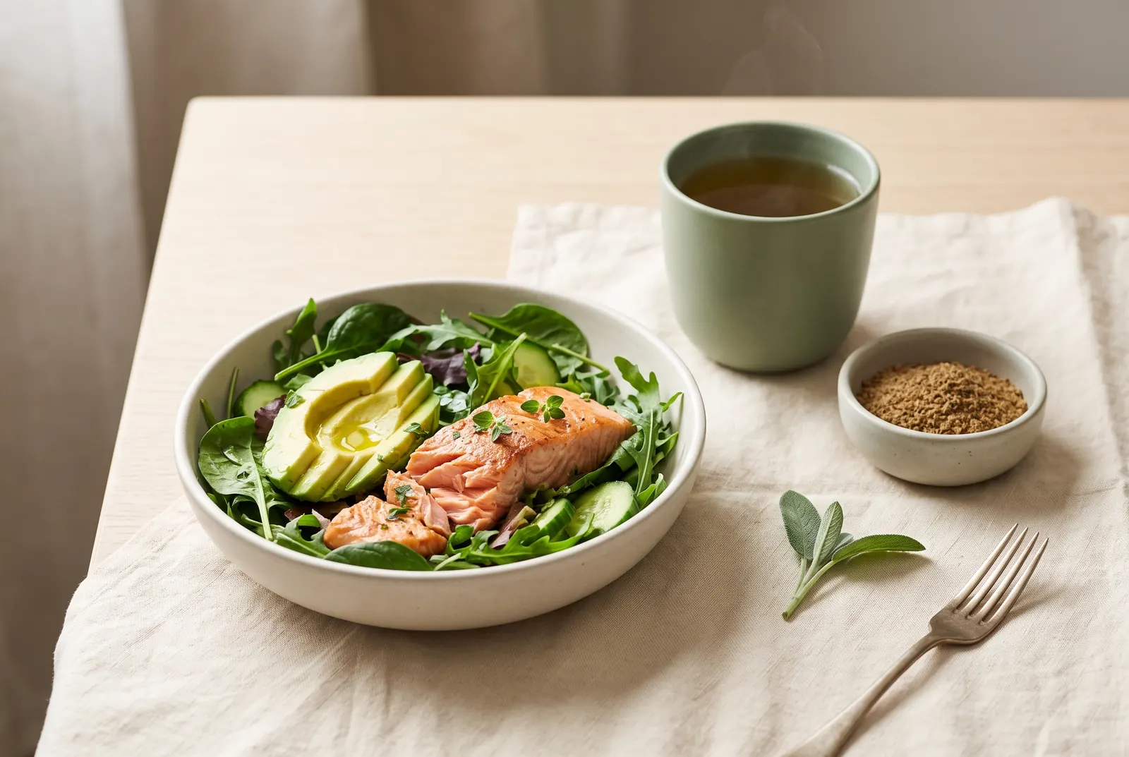 A salmon and avocado salad with herbal tea and ground flaxseed