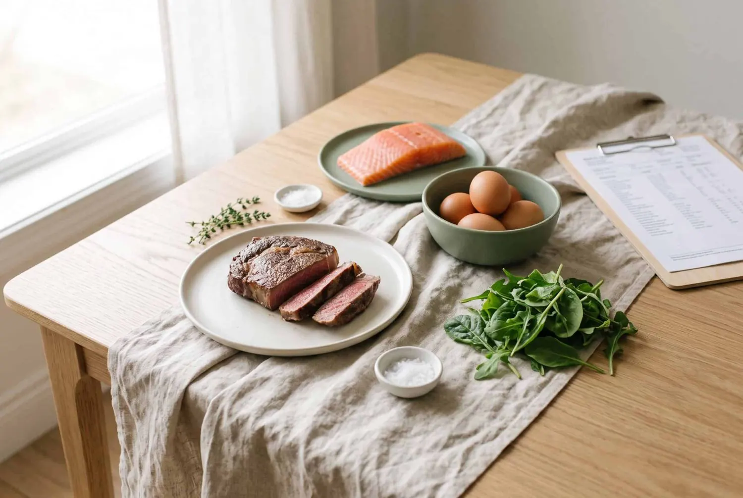A sliced seared steak, a salmon fillet, a bowl of eggs and leafy greens on a linen runner beside a clipboard of blood test results
