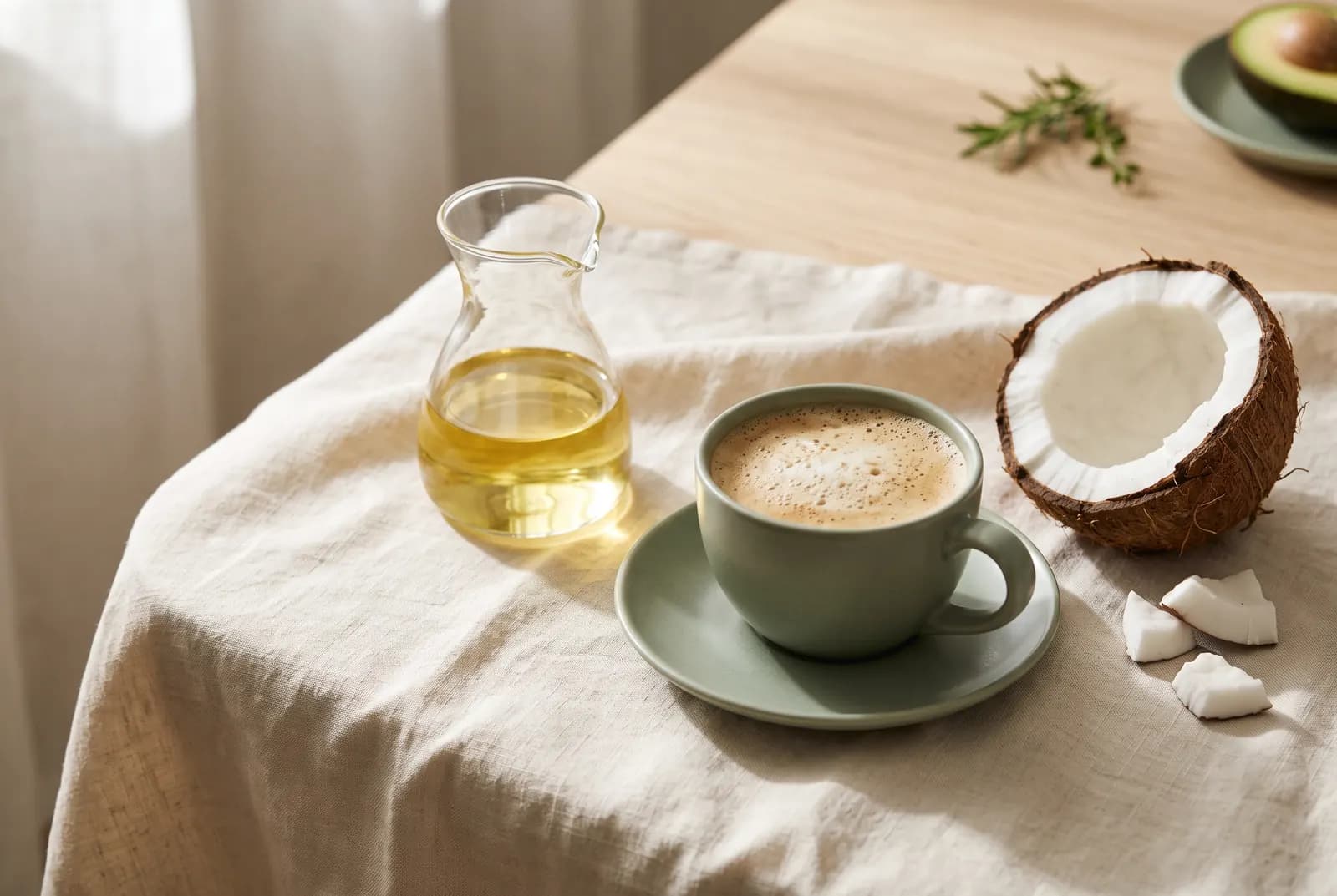 A carafe of MCT oil beside a cup of creamy coffee and a split coconut