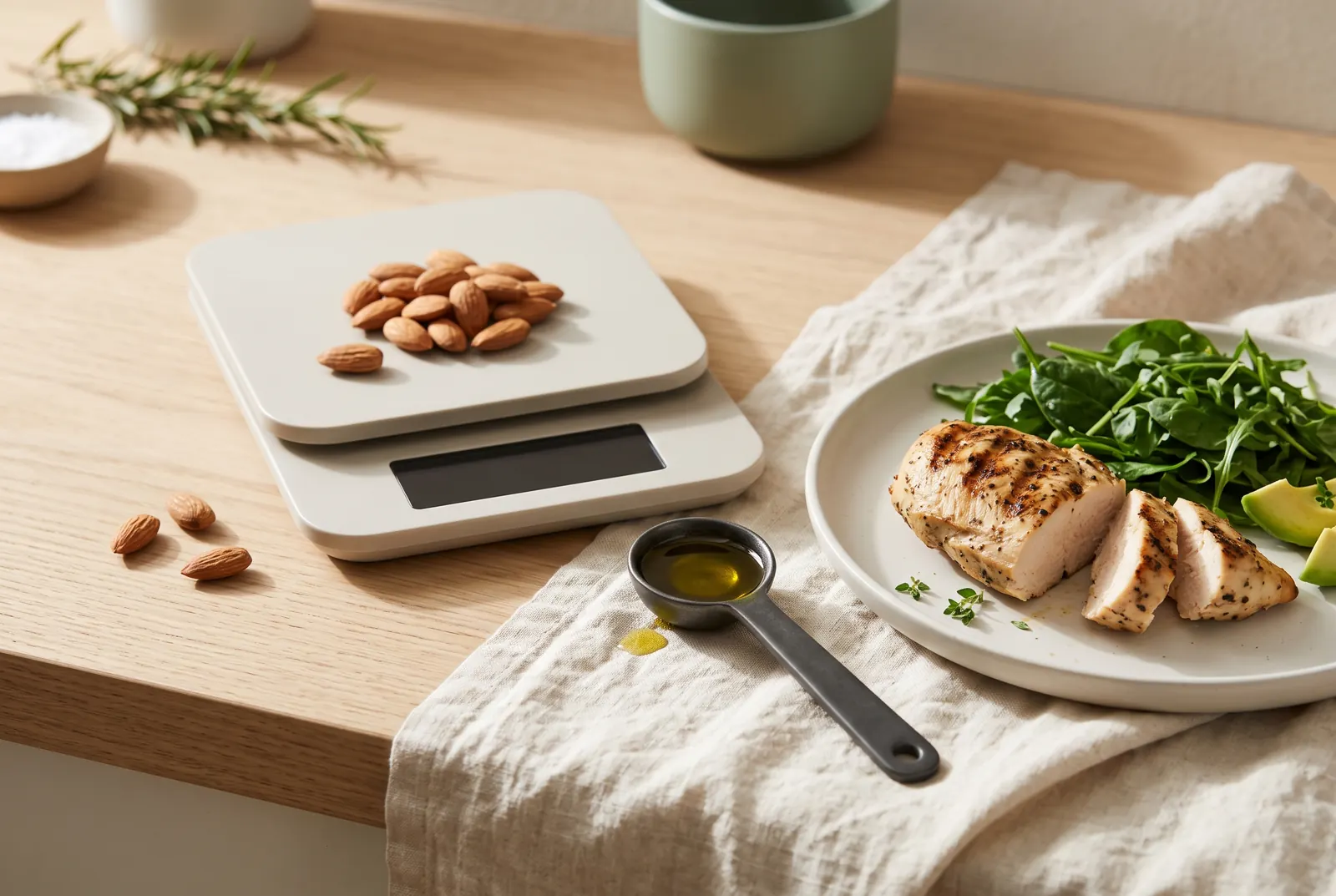 A kitchen scale weighing almonds beside a plate of grilled chicken and greens