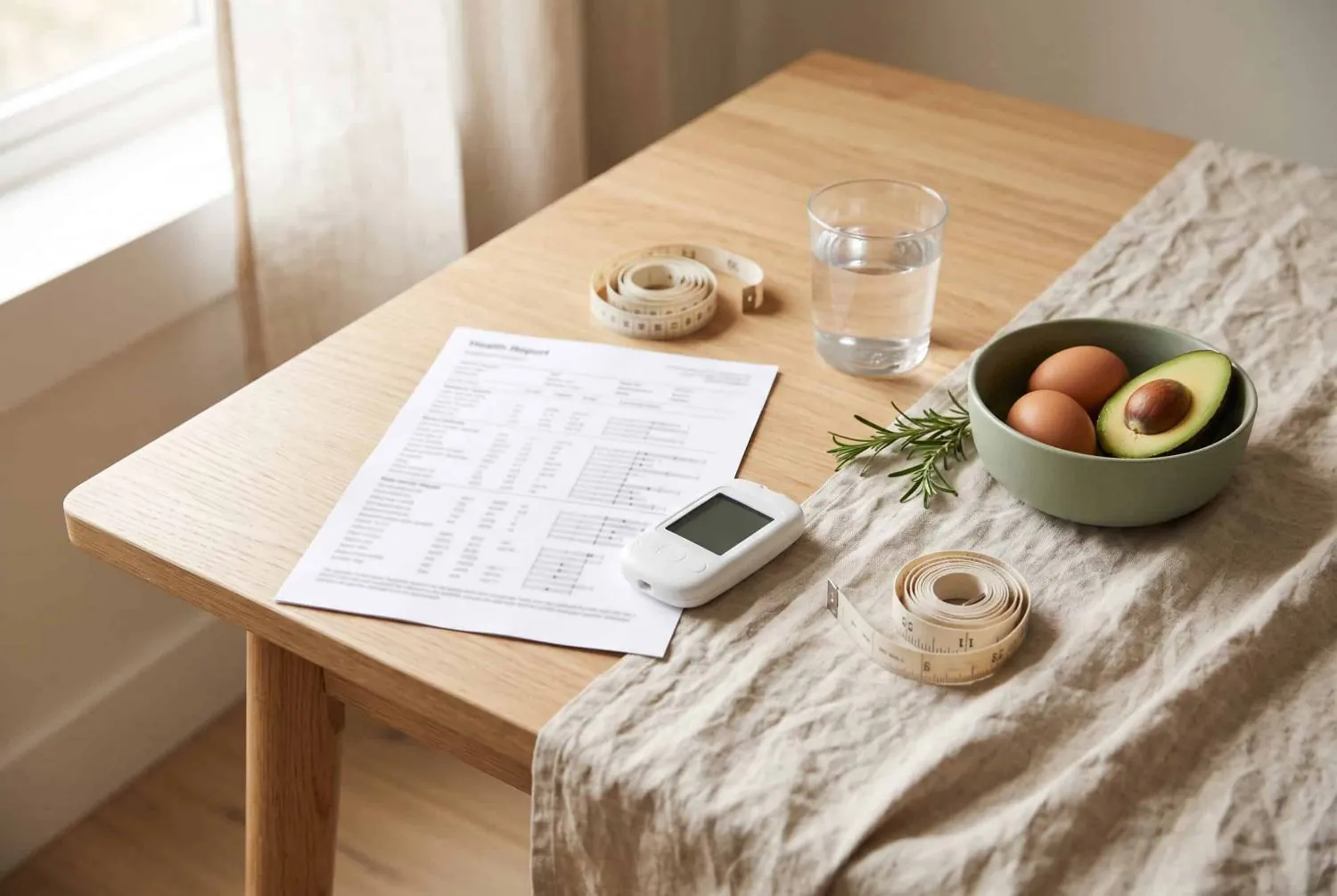 A printed health report beside a home blood glucose meter, two coiled tape measures, a glass of water and a bowl of eggs with half an avocado