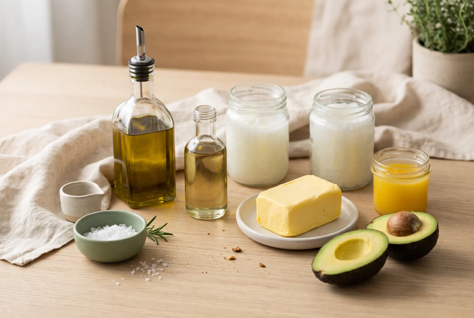Olive oil, avocado oil, coconut oil, butter, ghee and halved avocados