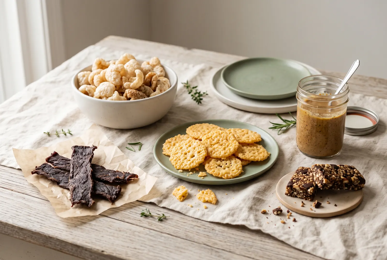 Pork rinds, cheese crisps, beef jerky, nut butter and a snack bar