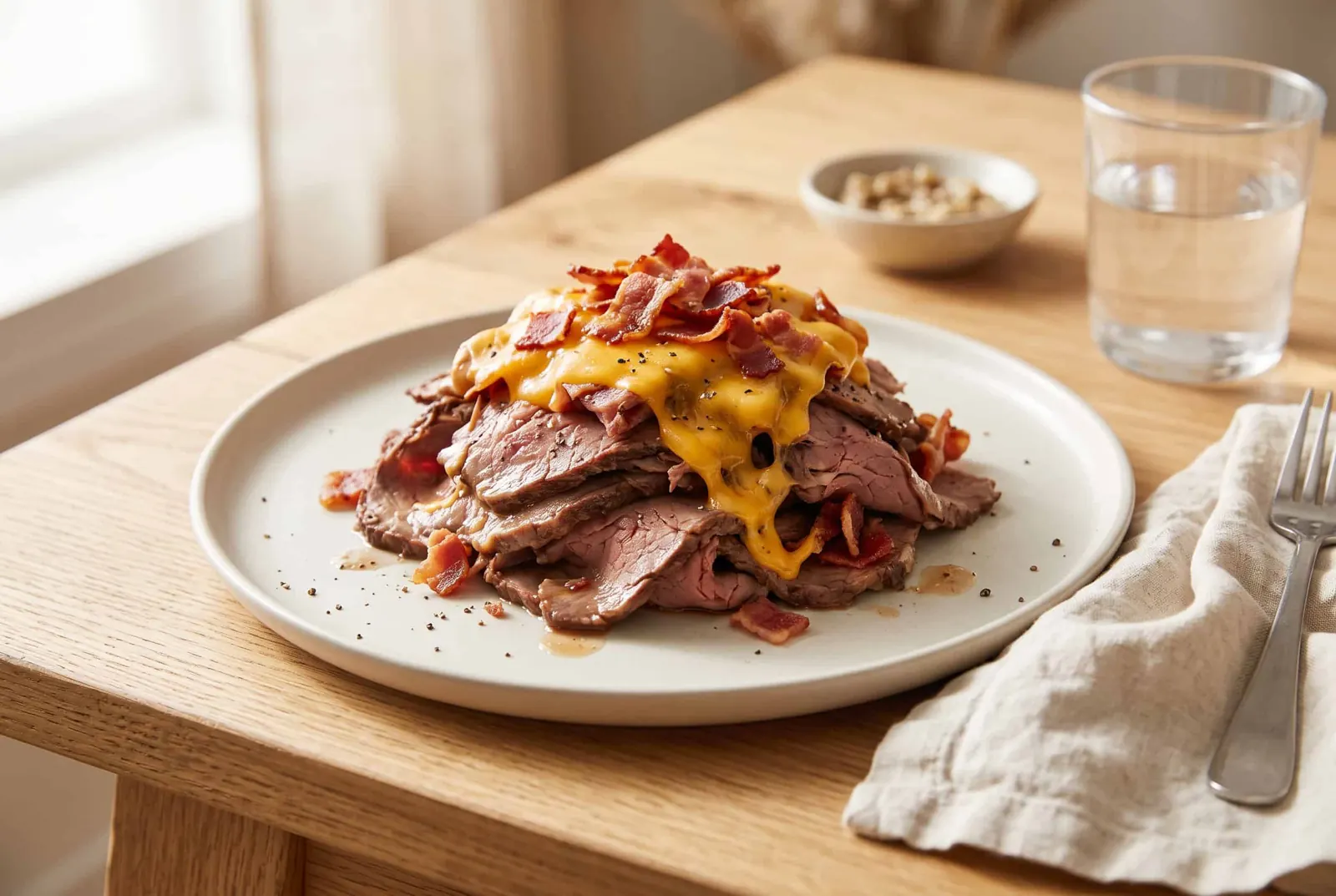 Sliced roast beef piled without a bun, topped with melted cheddar and bacon