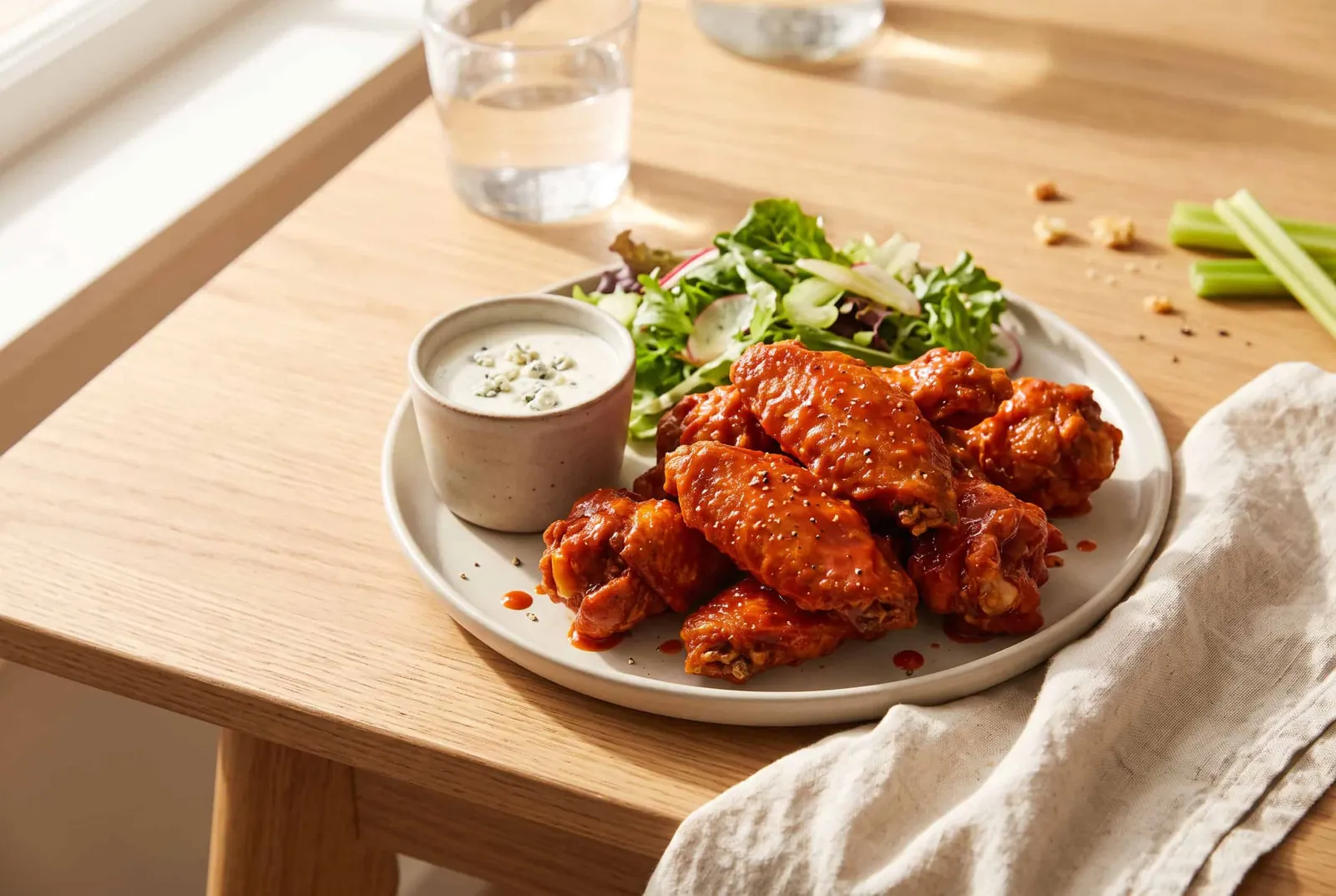 Bone-in chicken wings in a red buffalo sauce with a small side salad and a cup of blue cheese dressing