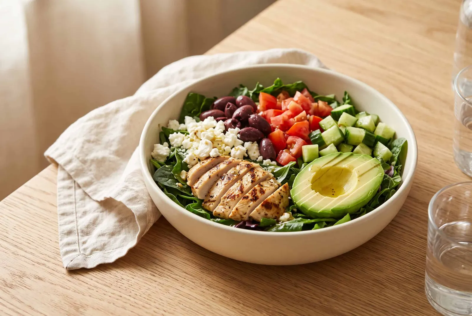 A greens bowl with grilled chicken, crumbled feta, olives, diced tomato and cucumber, and sliced avocado