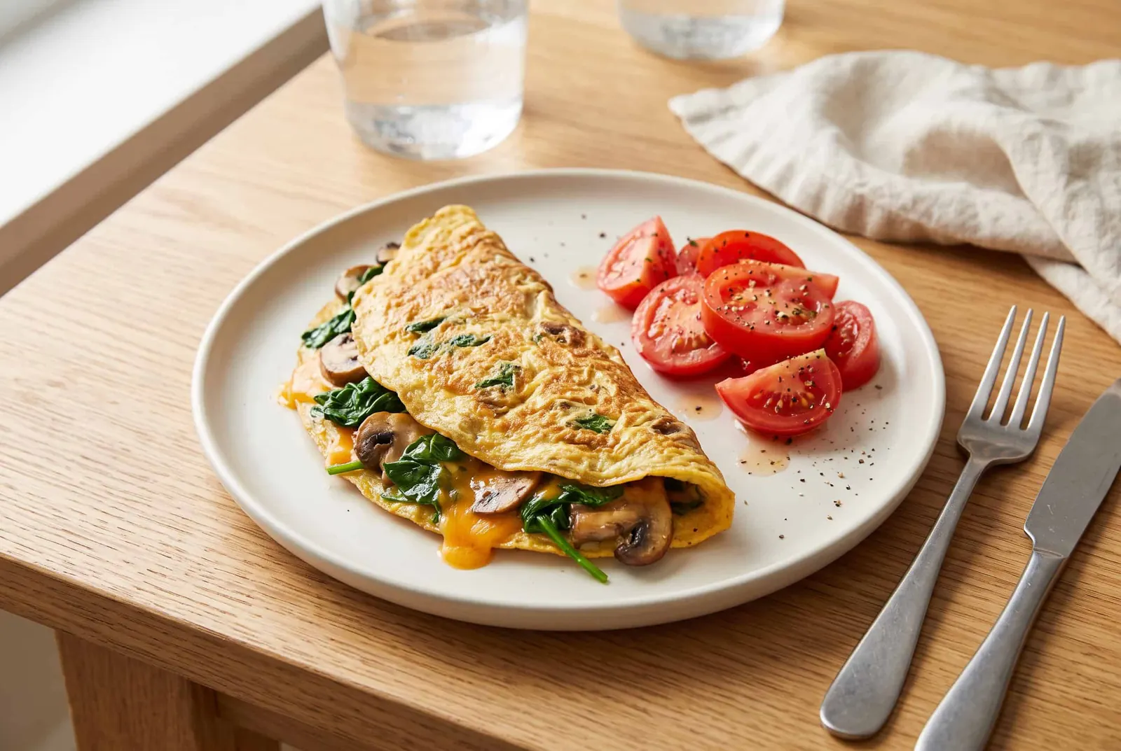 A folded omelette with spinach, mushrooms and melted cheddar, with sliced tomatoes on the side