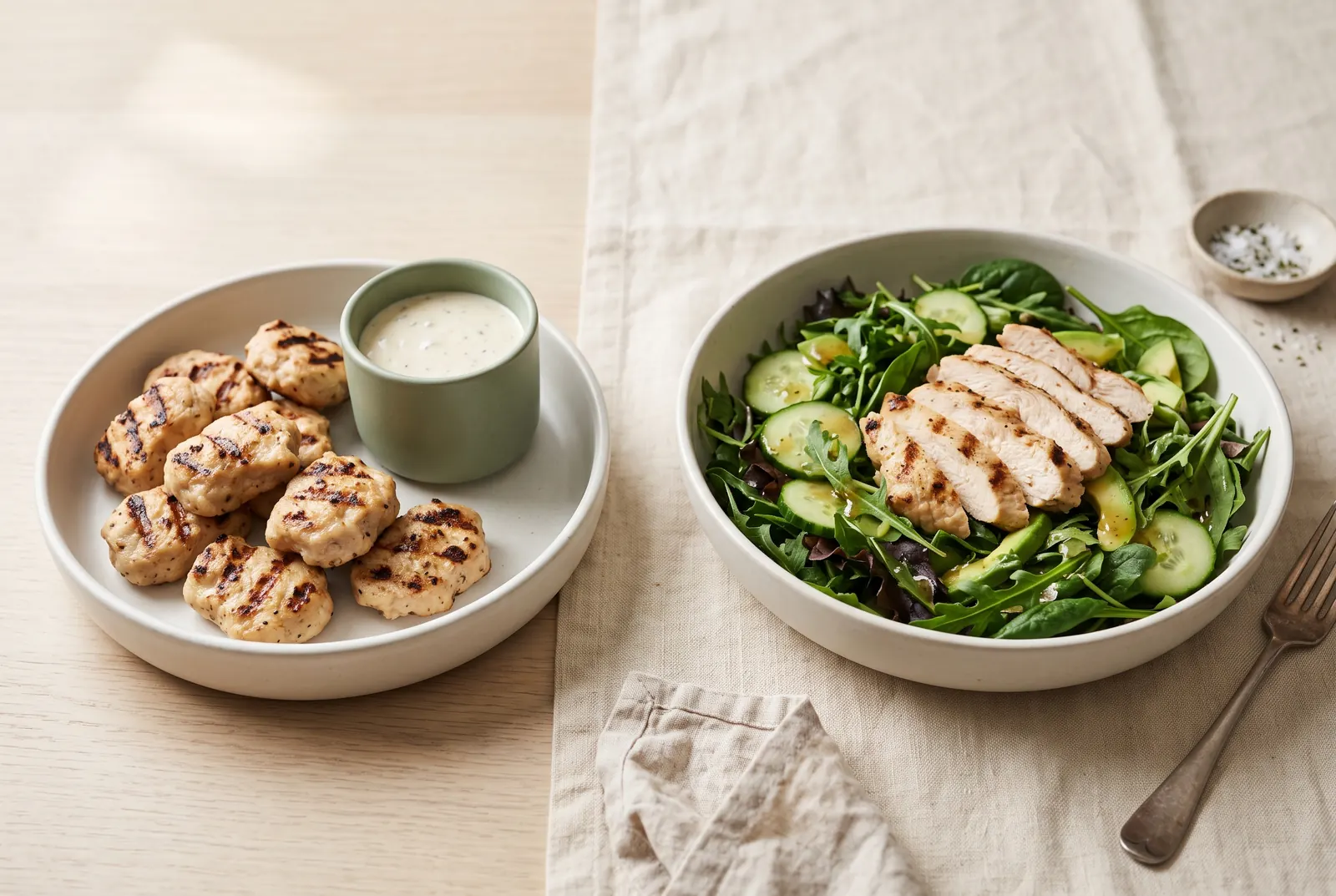 Grilled chicken nuggets with dipping sauce and a grilled chicken side salad