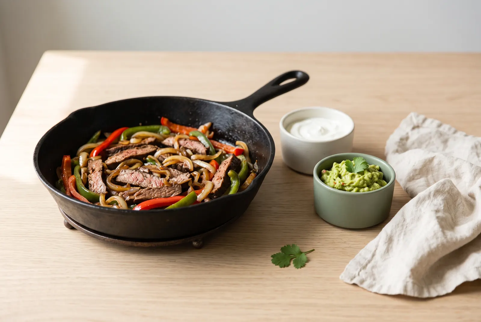 A sizzling skillet of steak fajitas with peppers and onions, no tortillas