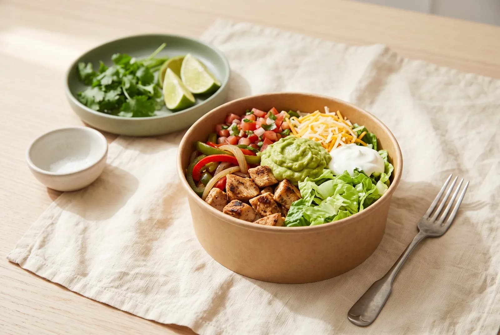 A burrito bowl without rice or beans: chicken, fajita vegetables, salsa, guacamole, cheese and sour cream