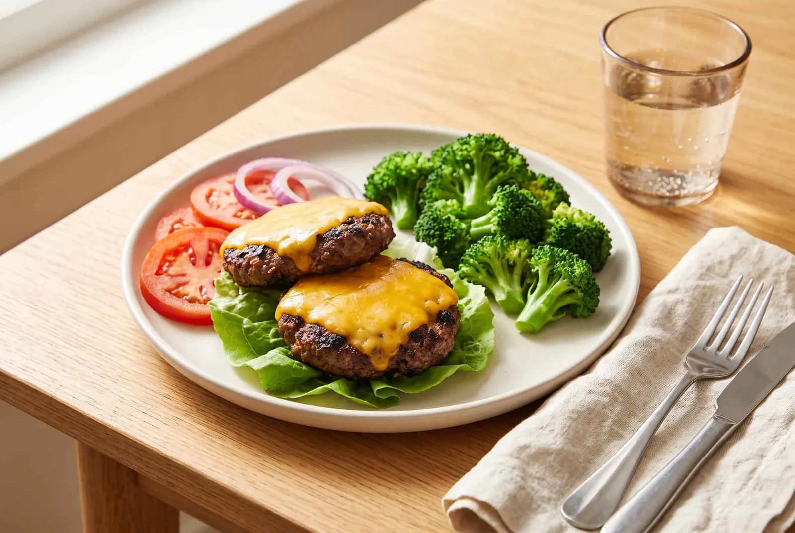 Two bunless burger patties with cheese, lettuce, tomato and onion beside a side of steamed broccoli
