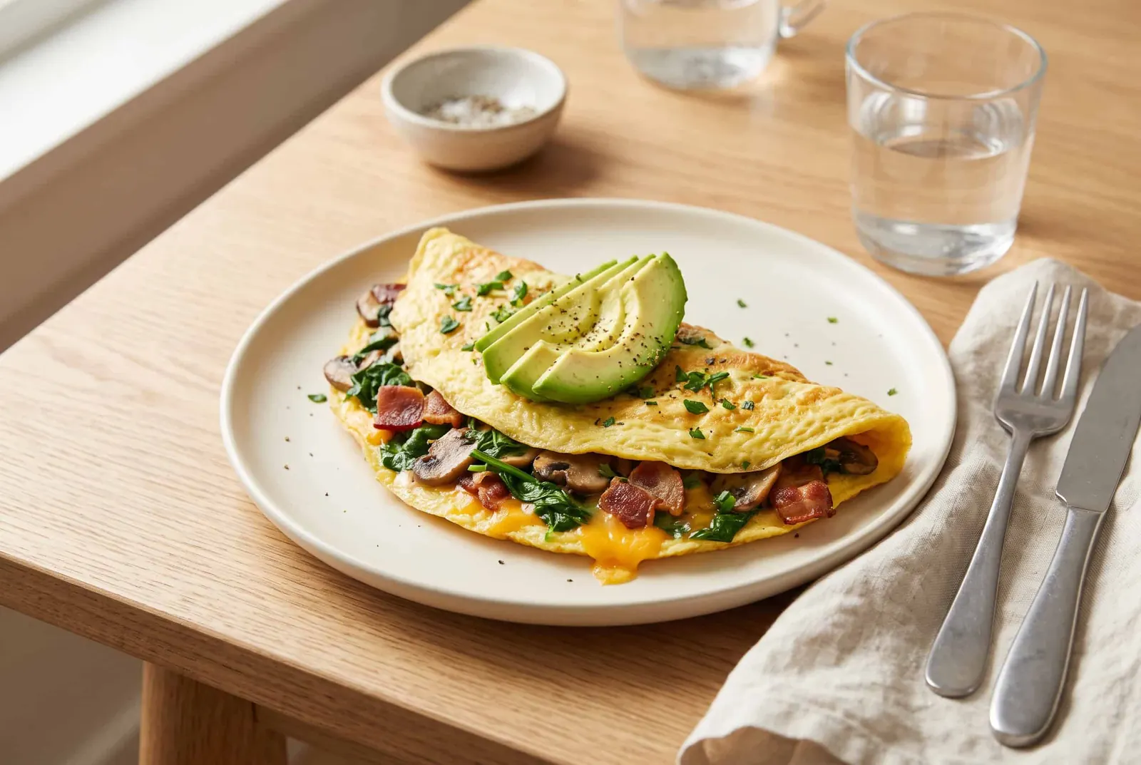 A vegetable and bacon omelette with cheddar, mushrooms and spinach, topped with sliced avocado