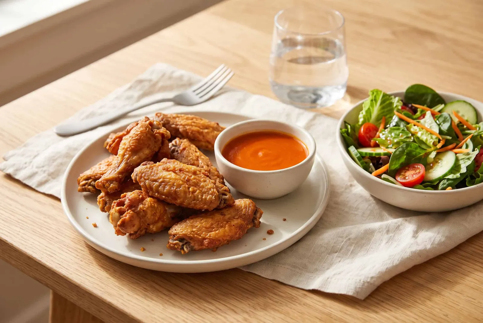 Plain chicken wings with a cup of buffalo dip beside a small garden salad