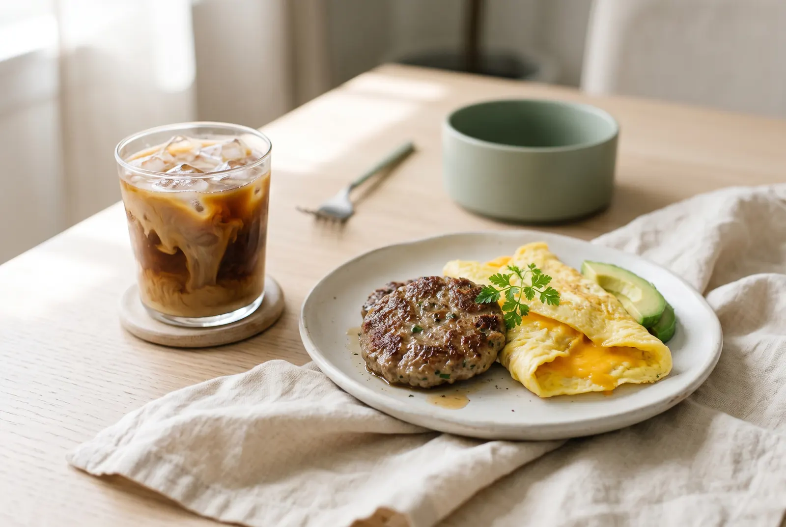 An iced coffee with cream beside a sausage patty and egg with cheese, no bread
