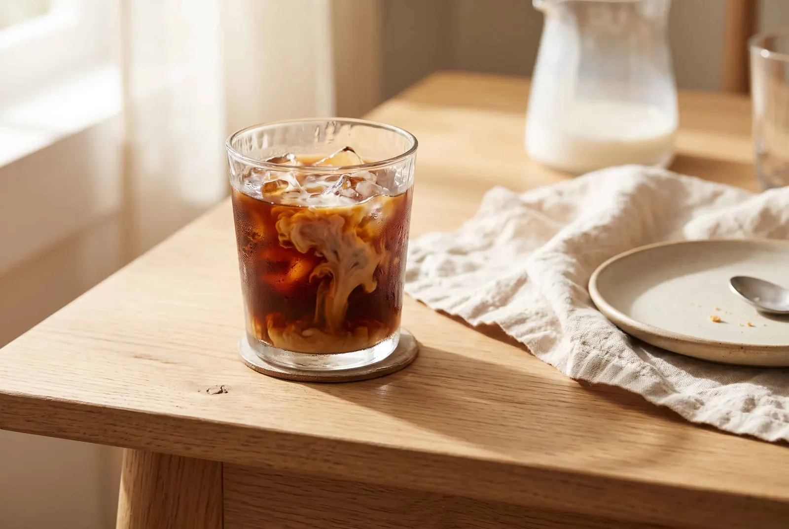 An iced Americano with a swirl of cream in a clear cup