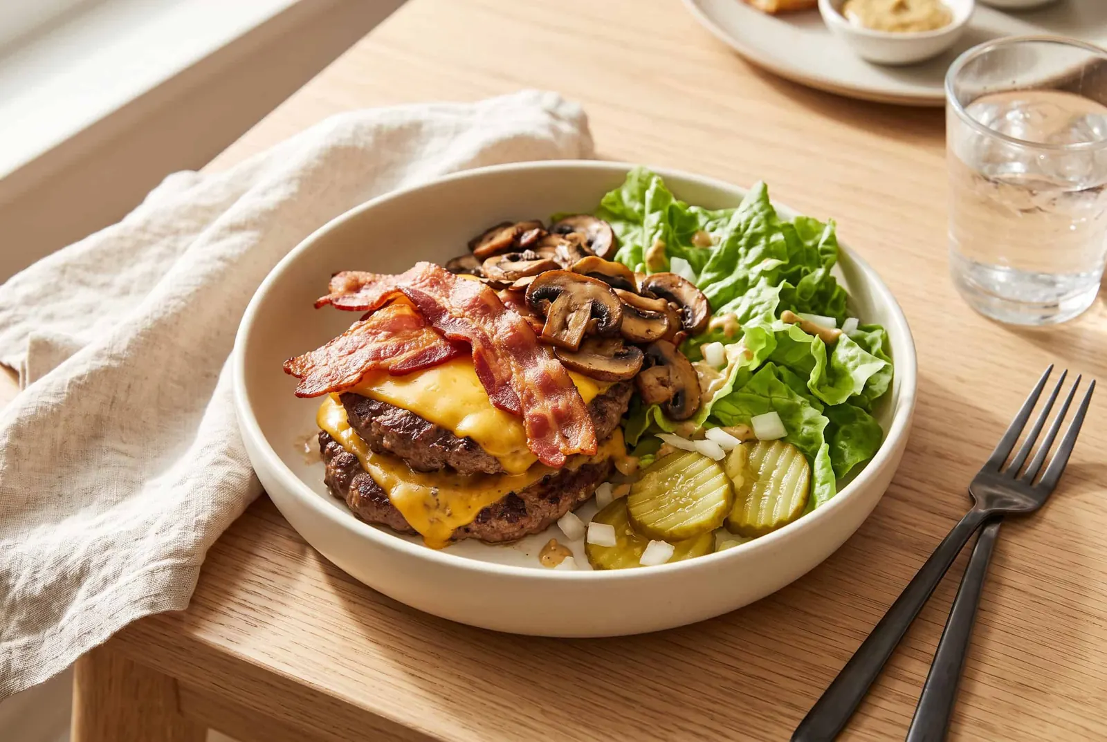 A double bacon cheeseburger served in a bowl without a bun, with lettuce, pickles and grilled mushrooms