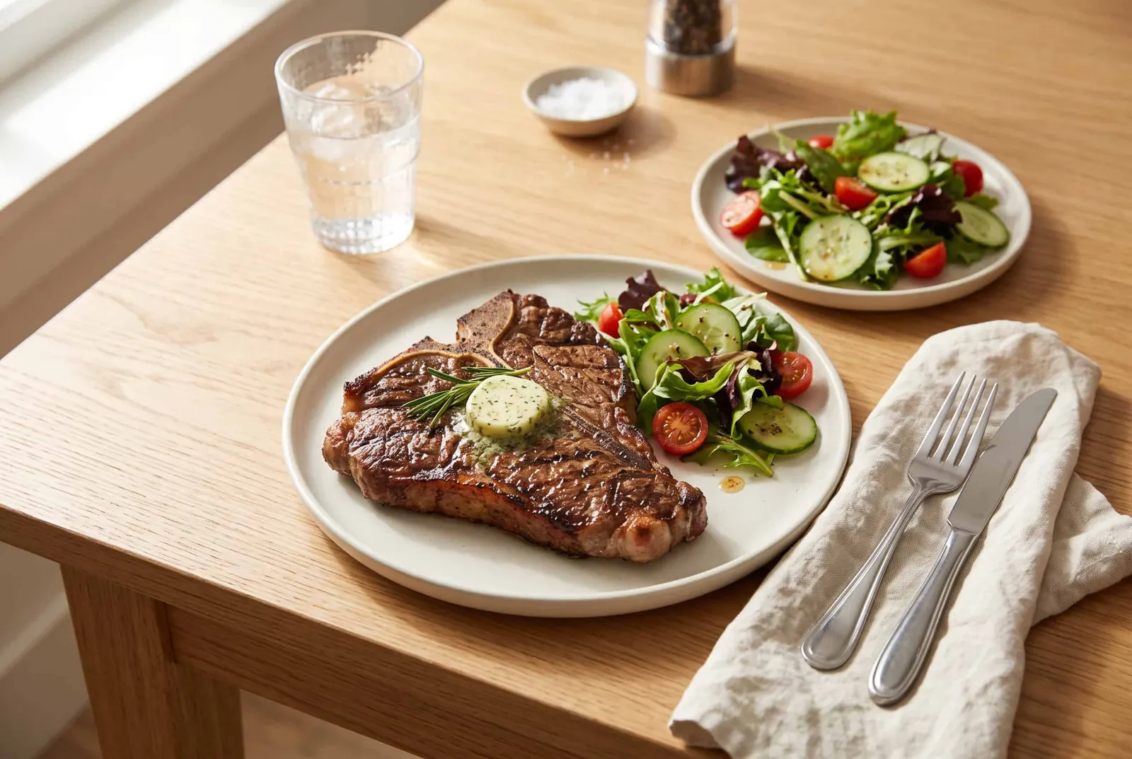 A grilled T-bone steak on a plate beside a small house salad