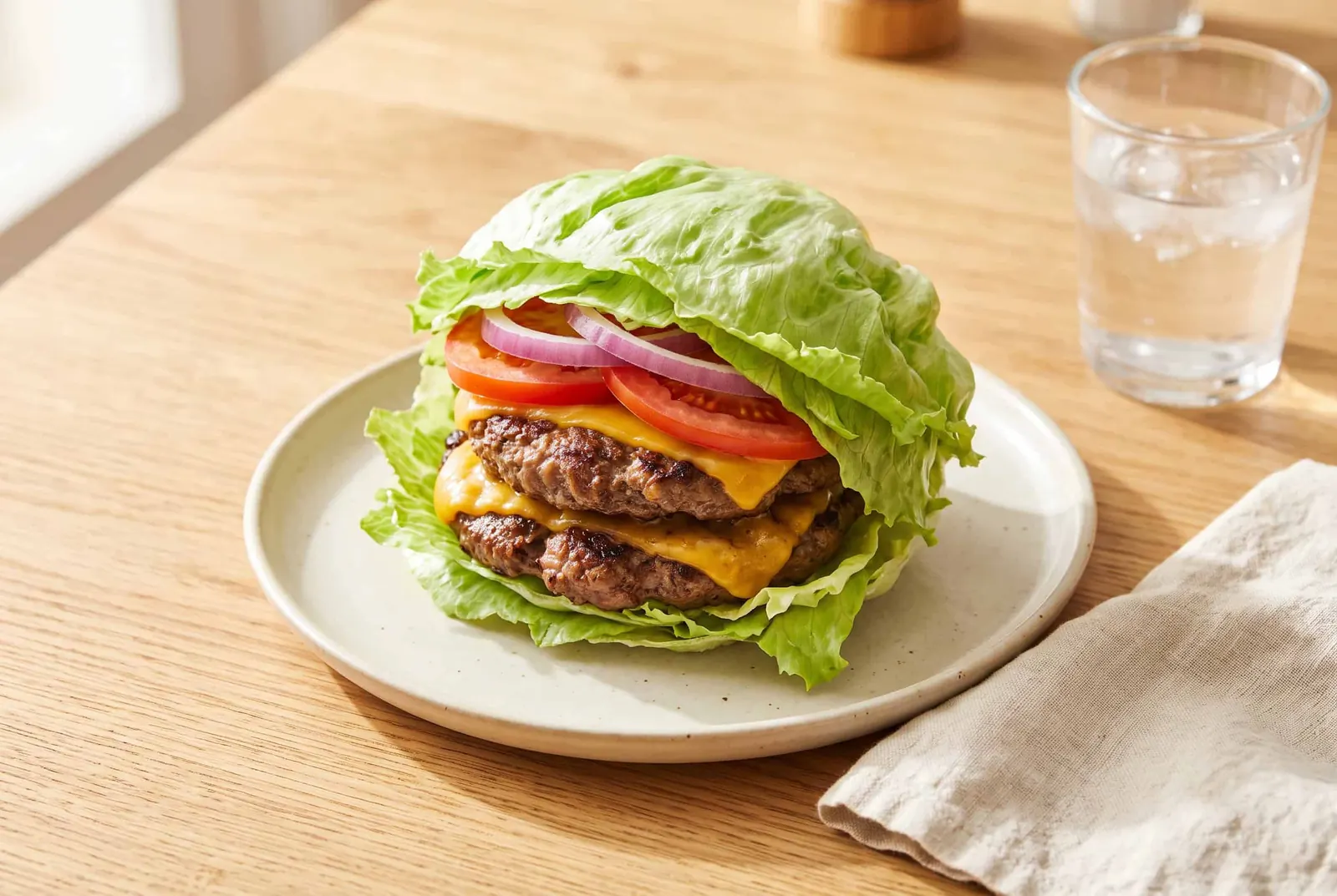 A double cheeseburger wrapped in crisp iceberg lettuce instead of a bun, with tomato and onion