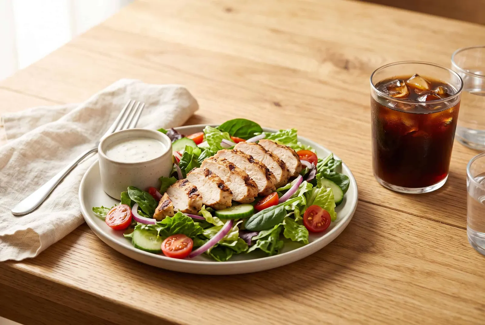 A garden salad topped with sliced grilled chicken beside a cup of ranch and an iced black coffee