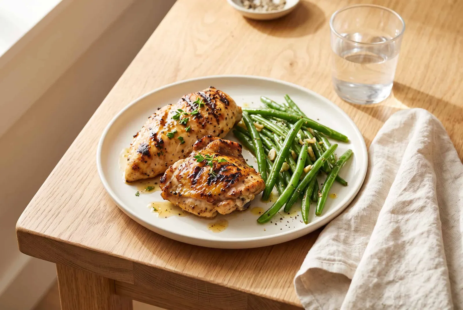 Grilled chicken pieces, a breast and a thigh, with a side of green beans
