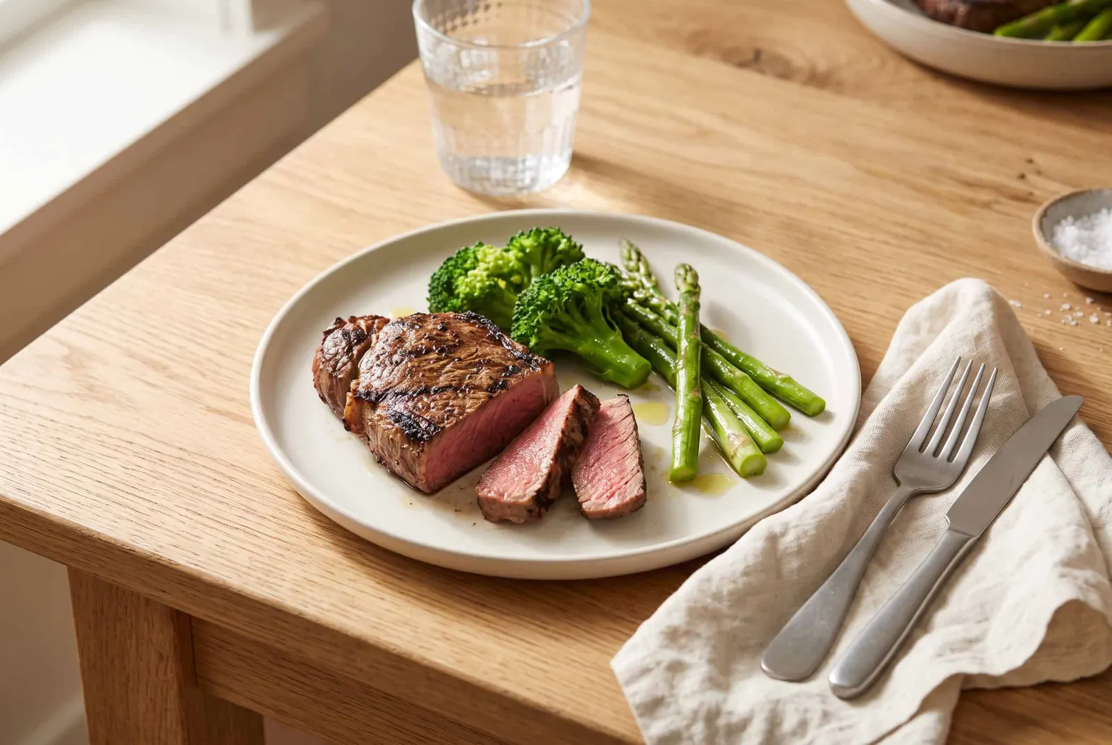 A sliced grilled sirloin steak with steamed broccoli and asparagus